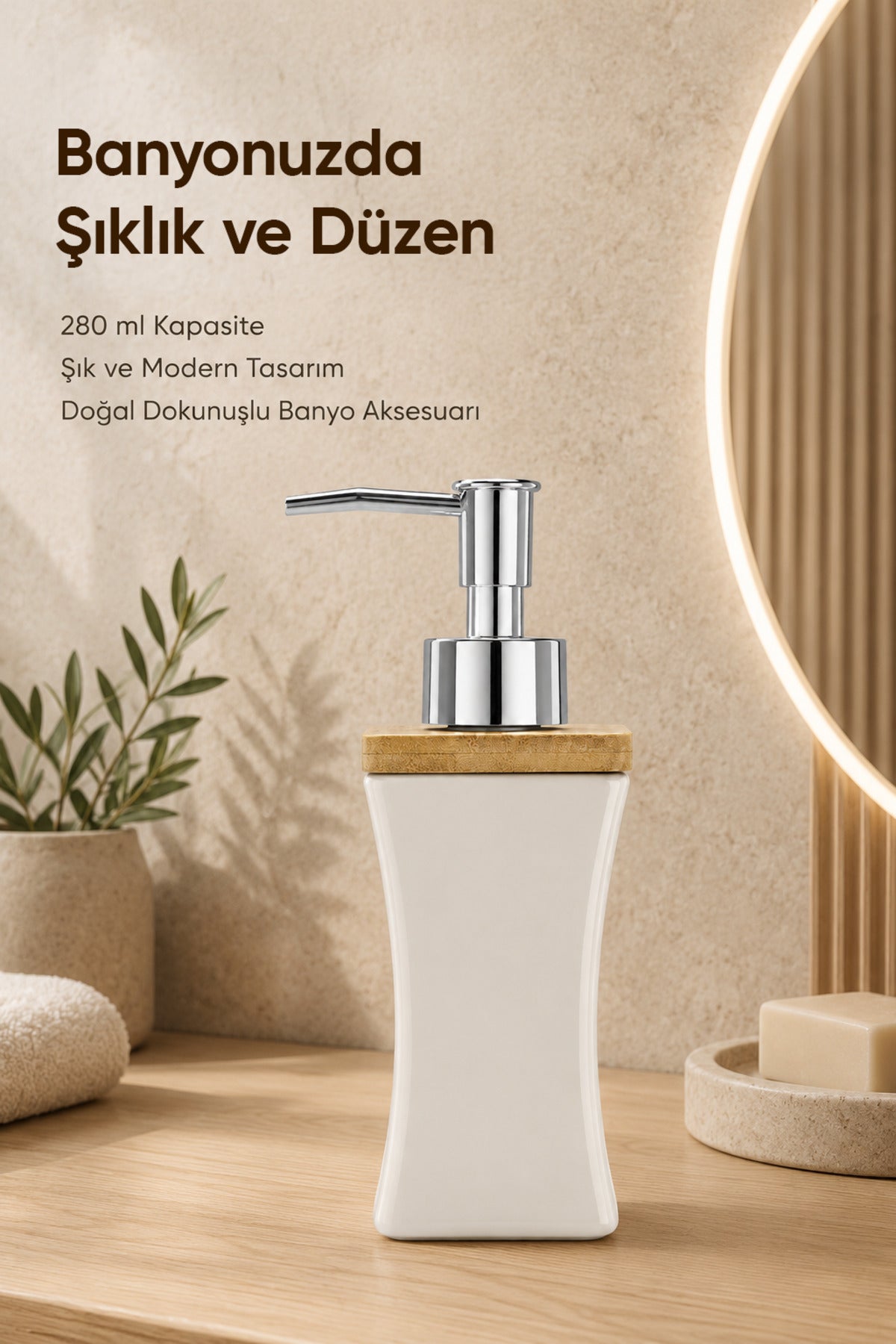 Bambu Kapaklı Porselen Sıvı Sabunluk Kavisli Model 280 ml Bej