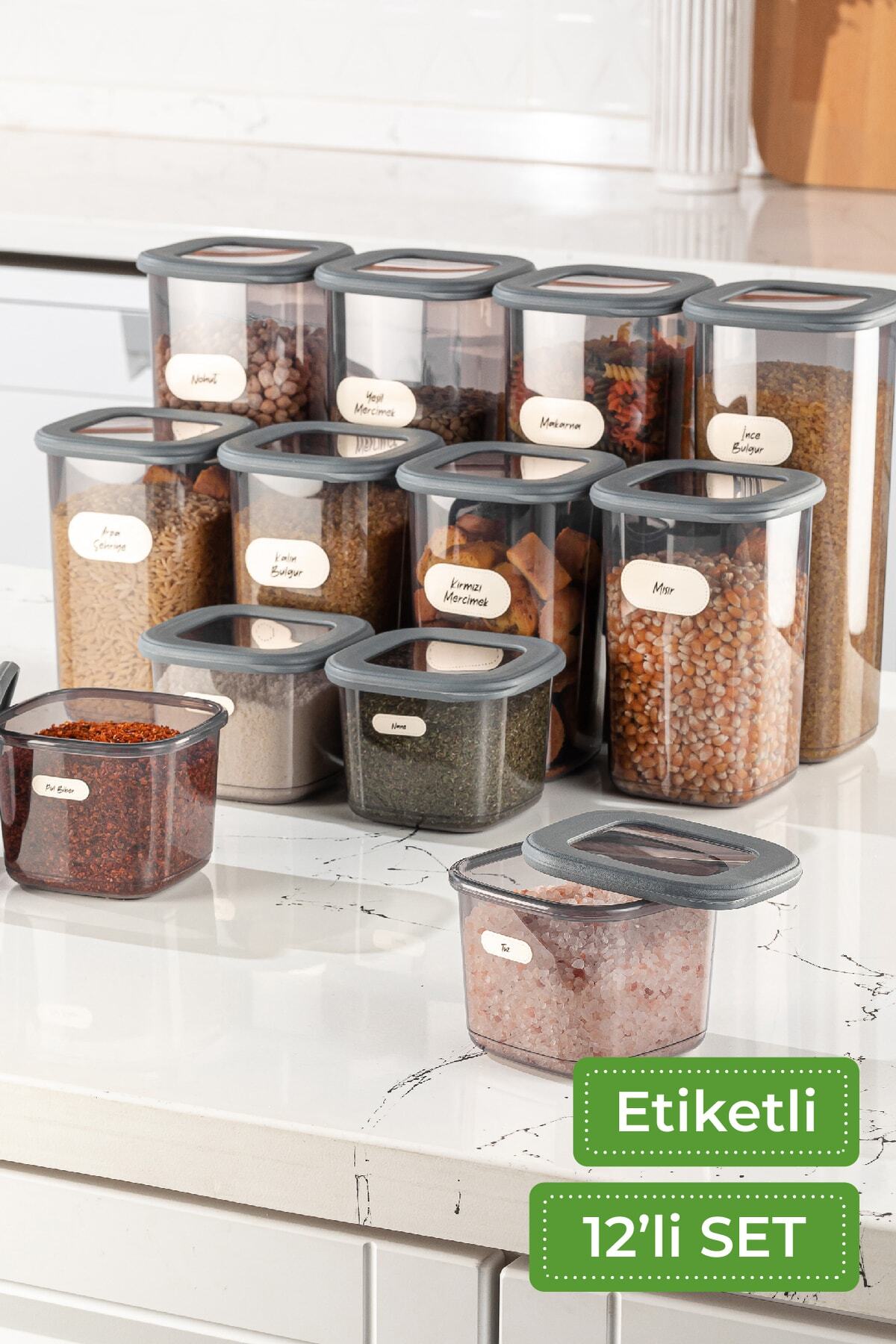 12'li Set Etiketli Kare Erzak Saklama Kabı 4x(0,55 LİTRE, 1,2 LİTRE, 1,75 LİTRE) Antrasit