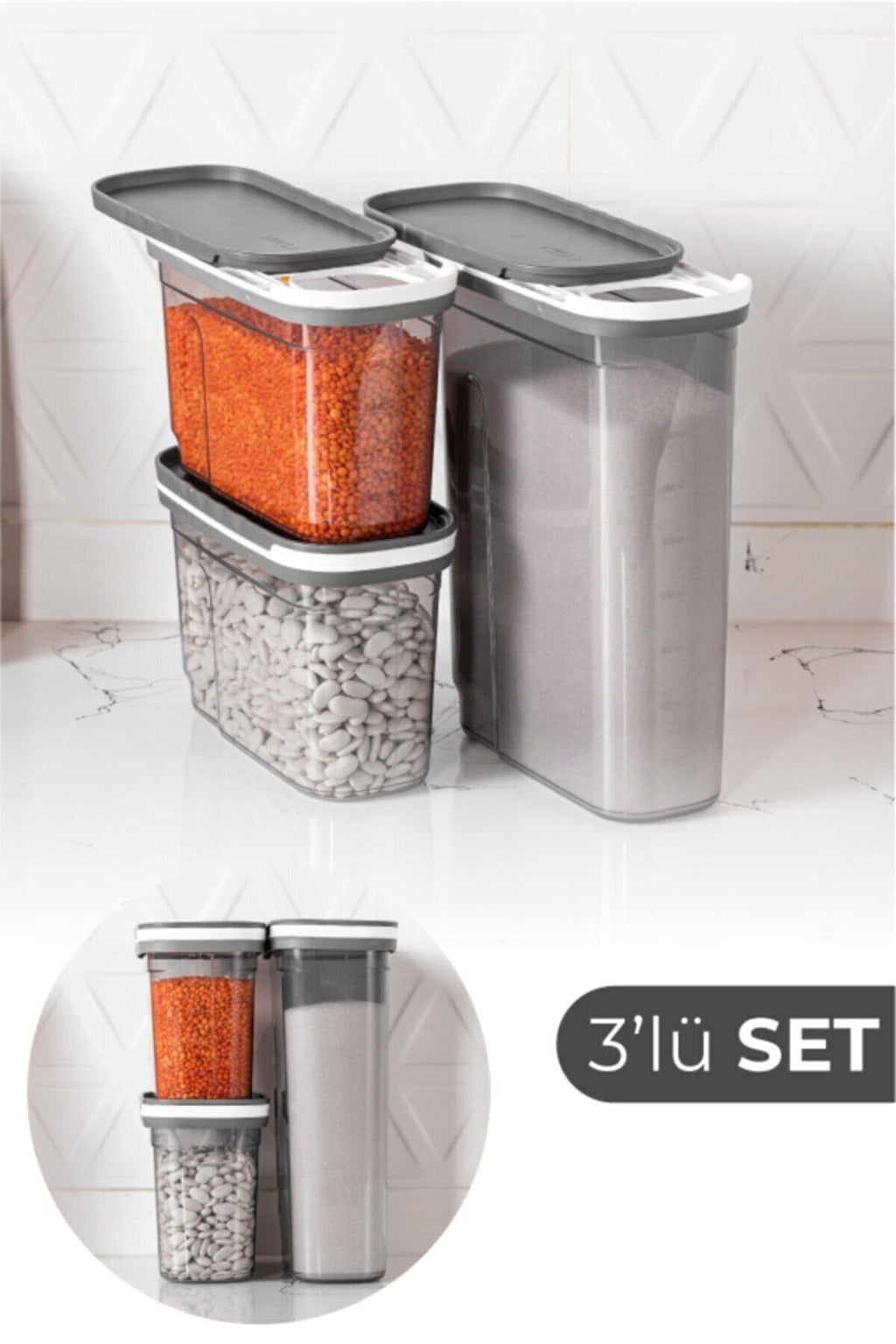 Foly 3'lü Sürgülü Kapaklı Erzak Saklama Kabı 2.7 Litre(1x), 1.25 Litre(2x)