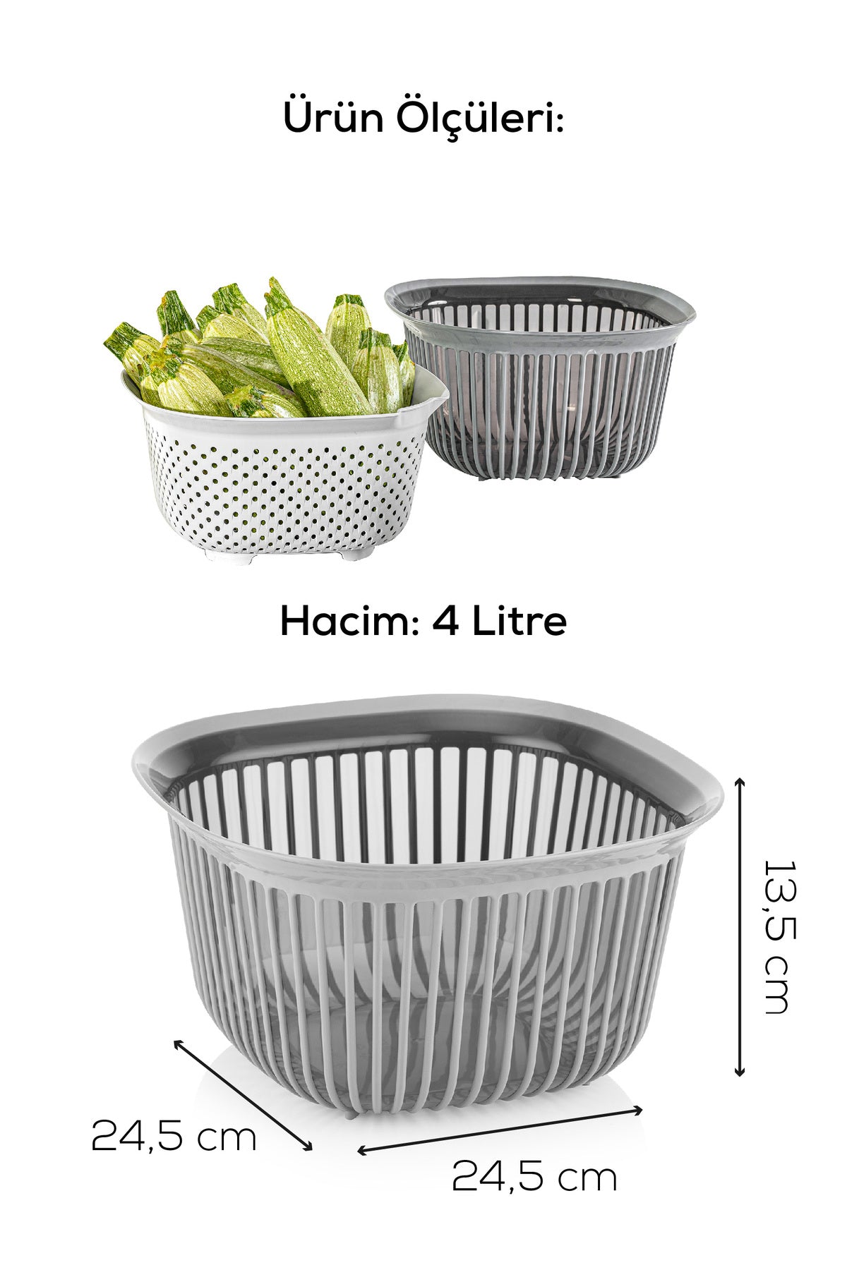 4 Litre Kare Kase Ayrı Süzgeçli Antrasit-Füme