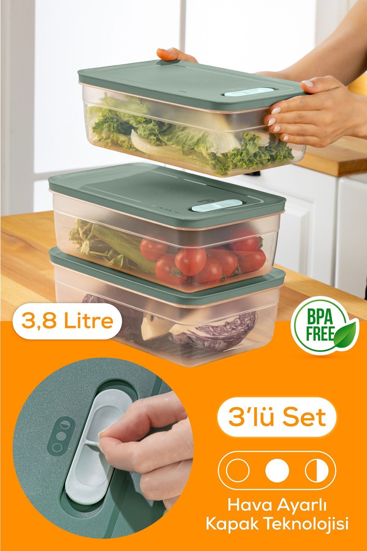 3'lü Ayarlı Sebze Ve Meyve Saklama Kabı Yeşil 3,8 Litre