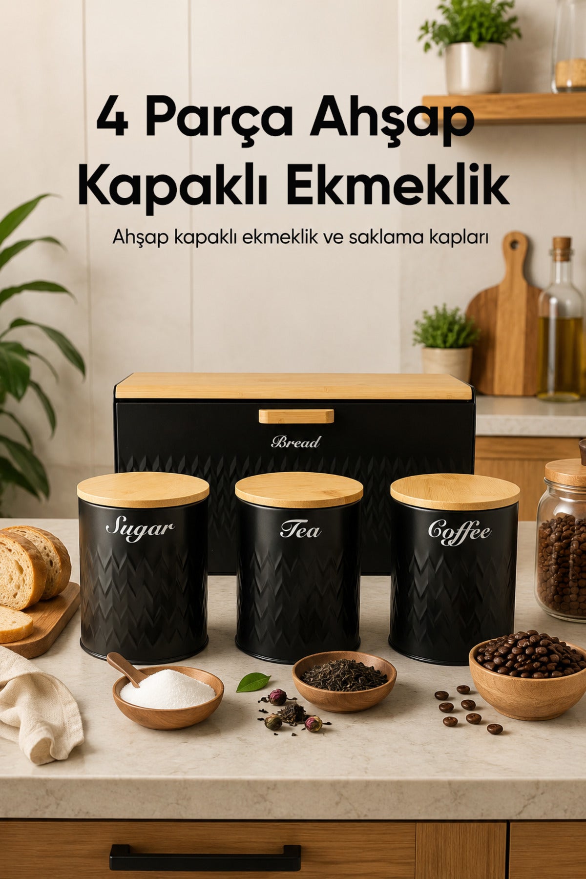 Ahşap Kapaklı Metal Ekmek Kutusu Ve 3'lü Çay Şeker Kahve Saklama Kabı Seti Siyah
