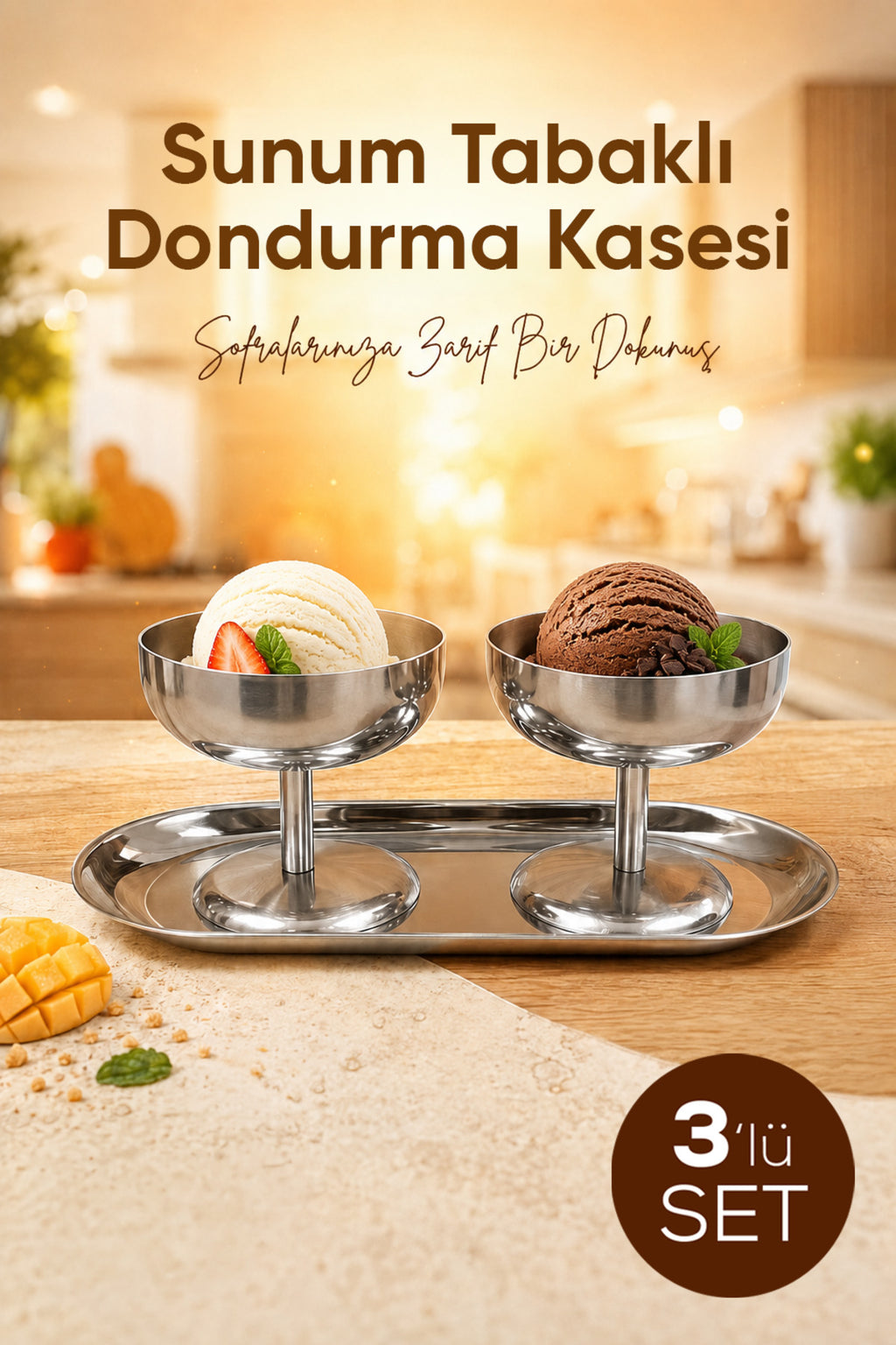 3'lü Set Gümüş Renk Metal Dondurmalık Seti (2x Geniş Kısa Kase 1x Kayık Tabak) - Şık Sunum ve Tatlı Kasesi