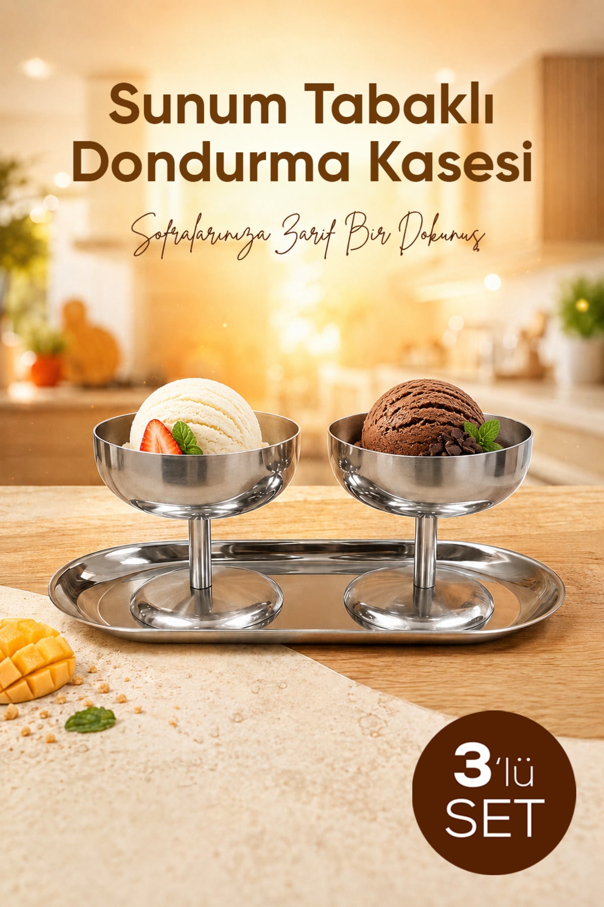 3'lü Set Gümüş Renk Metal Dondurmalık Seti (2x Geniş Kısa Kase 1x Kayık Tabak) - Şık Sunum ve Tatlı Kasesi