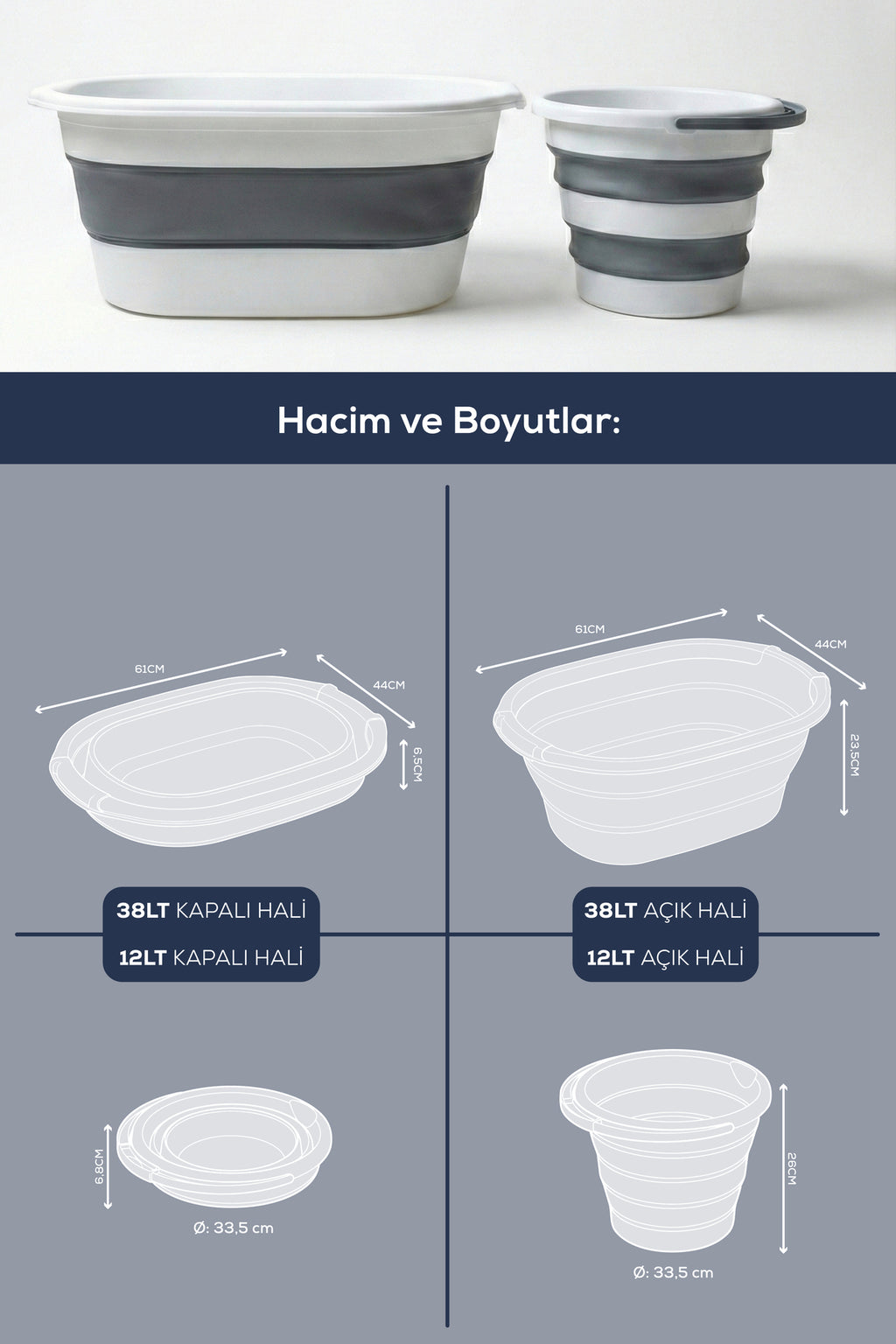 38 L Katlanır Sepet + 12 L Katlanır Kova Antrasit | Yer Kaplamayan Akordiyon Tasarım
