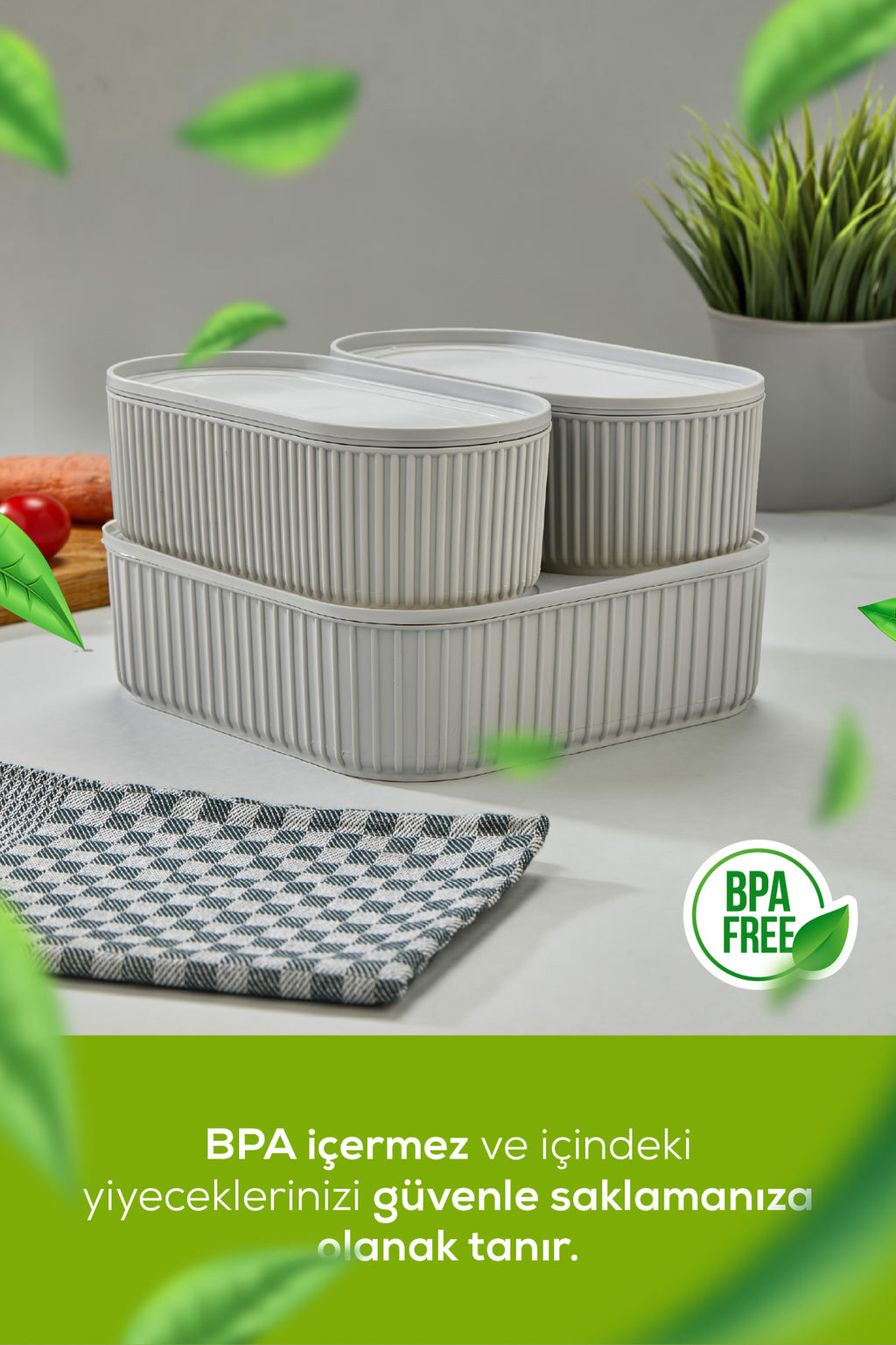 3'lü Elastik Bantlı İstiflenebilir Pratik Saklama Kabı Seti 2x(1100 ml) 1x(2400 ml) Gri