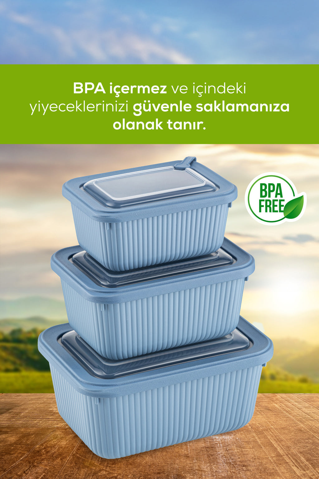 3'lü Vip Dikdörtgen Mikrodalga Ve Difrize Uygun Saklama Kabı Seti Mavi 1x(1750,1050,600 ml)