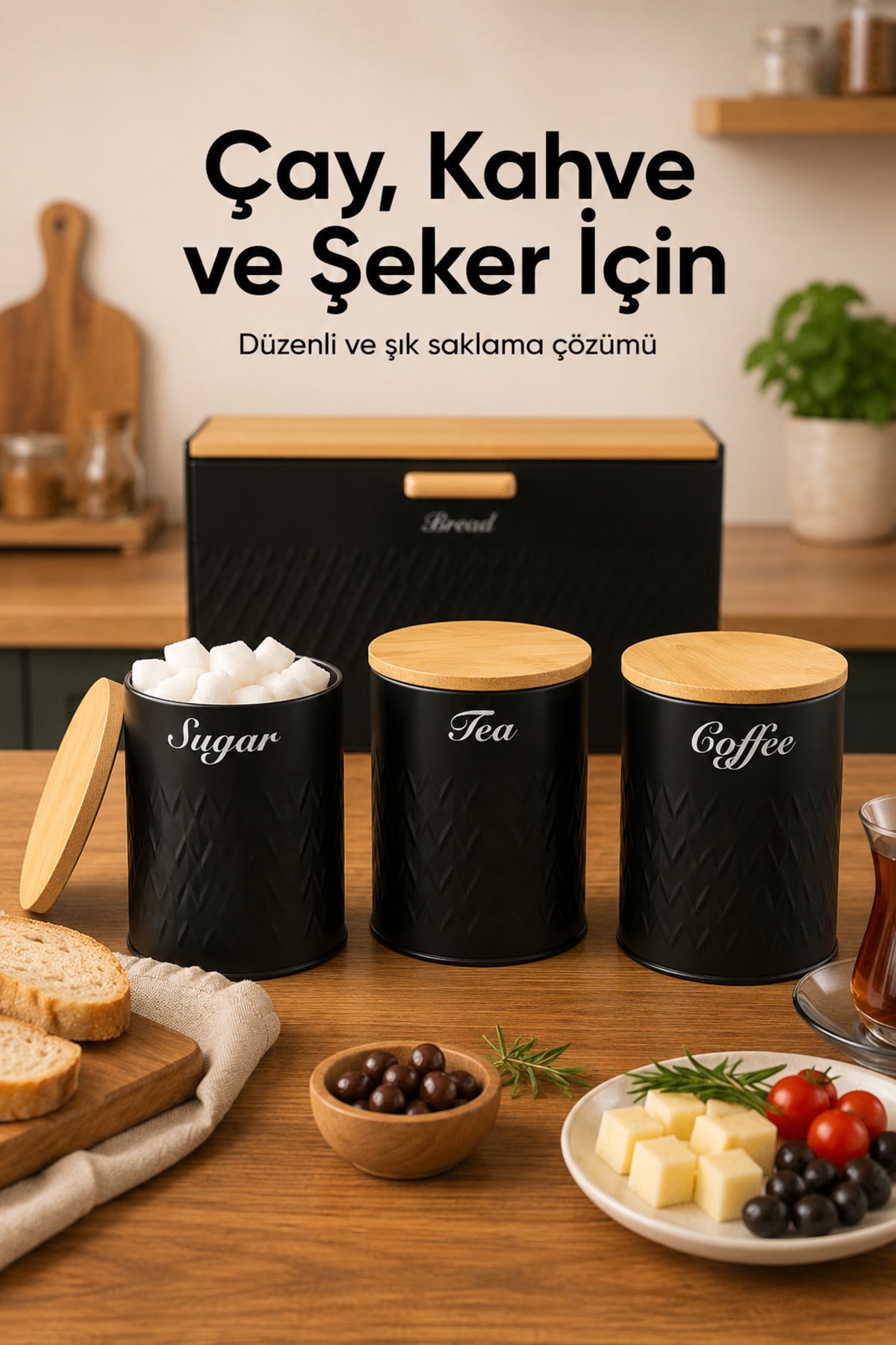 Ahşap Kapaklı Metal Ekmek Kutusu Ve 3'lü Çay Şeker Kahve Saklama Kabı Seti Siyah