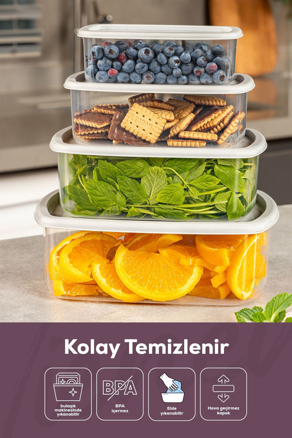 4'lü Hava Geçirmez Saklama Kabı Seti Gri 1x(250-500-750-1200 ML)