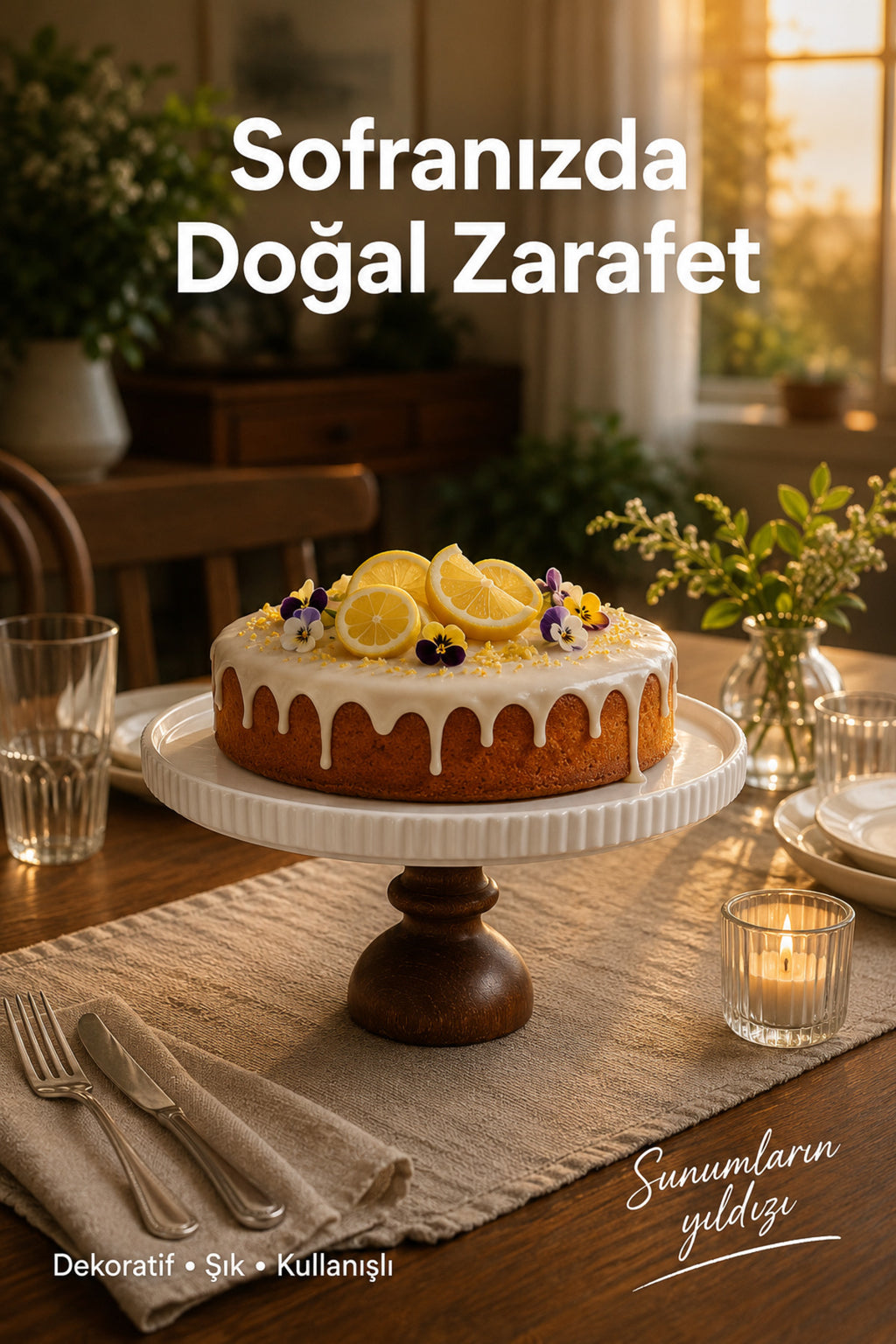Ahşap Ayaklı Porselen Sunumluk Pasta Standı Sunum Tabağı Kek Fanusu Tablası 24 cm