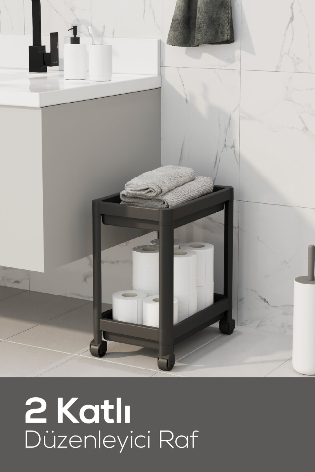 2 Katlı Tekerlekli Düzenleyici Raf - Banyo Dolabı Mutfak Tezgah ve Evye Altı Düzenleyici Beyaz