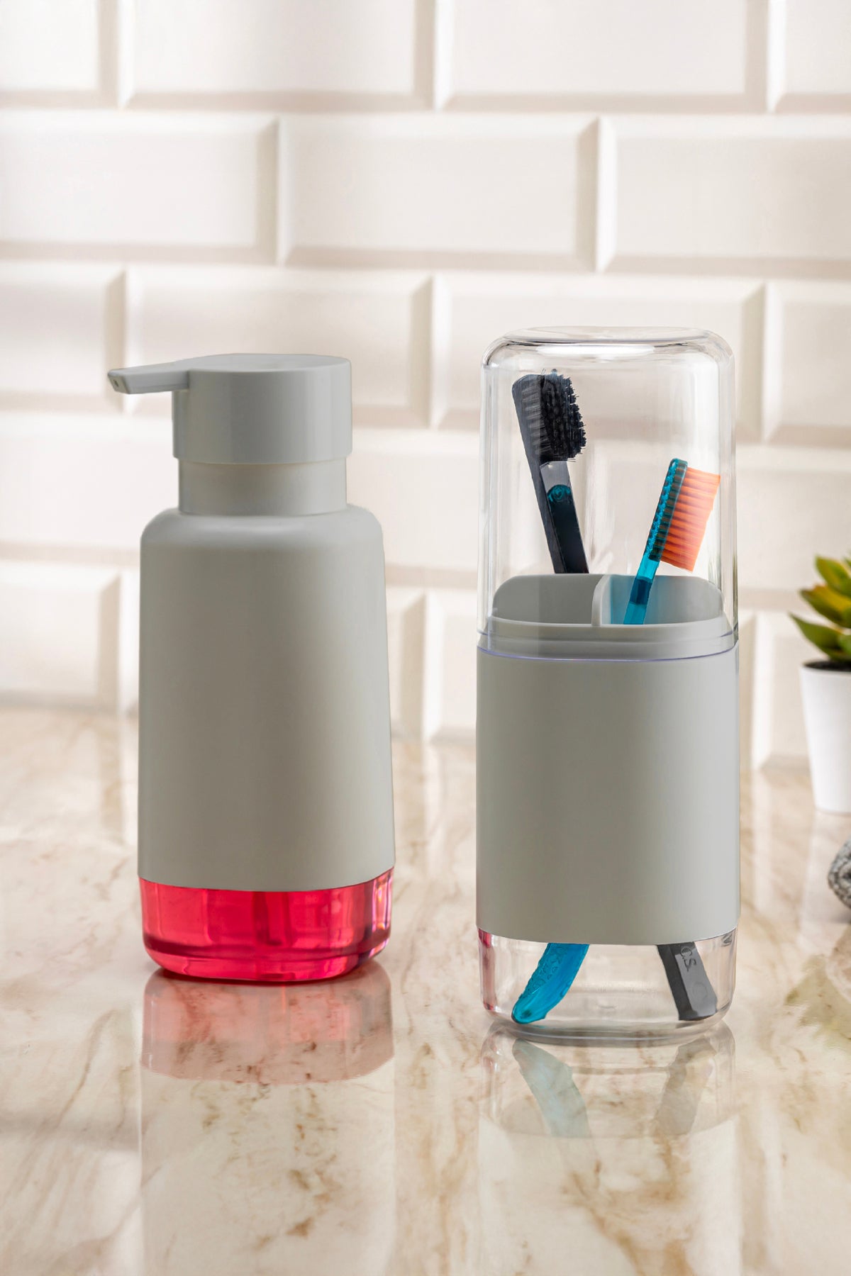 Modern Diş Fırçalık ve Sıvı Sabunluk Bej 500 ml | Banyo Seti