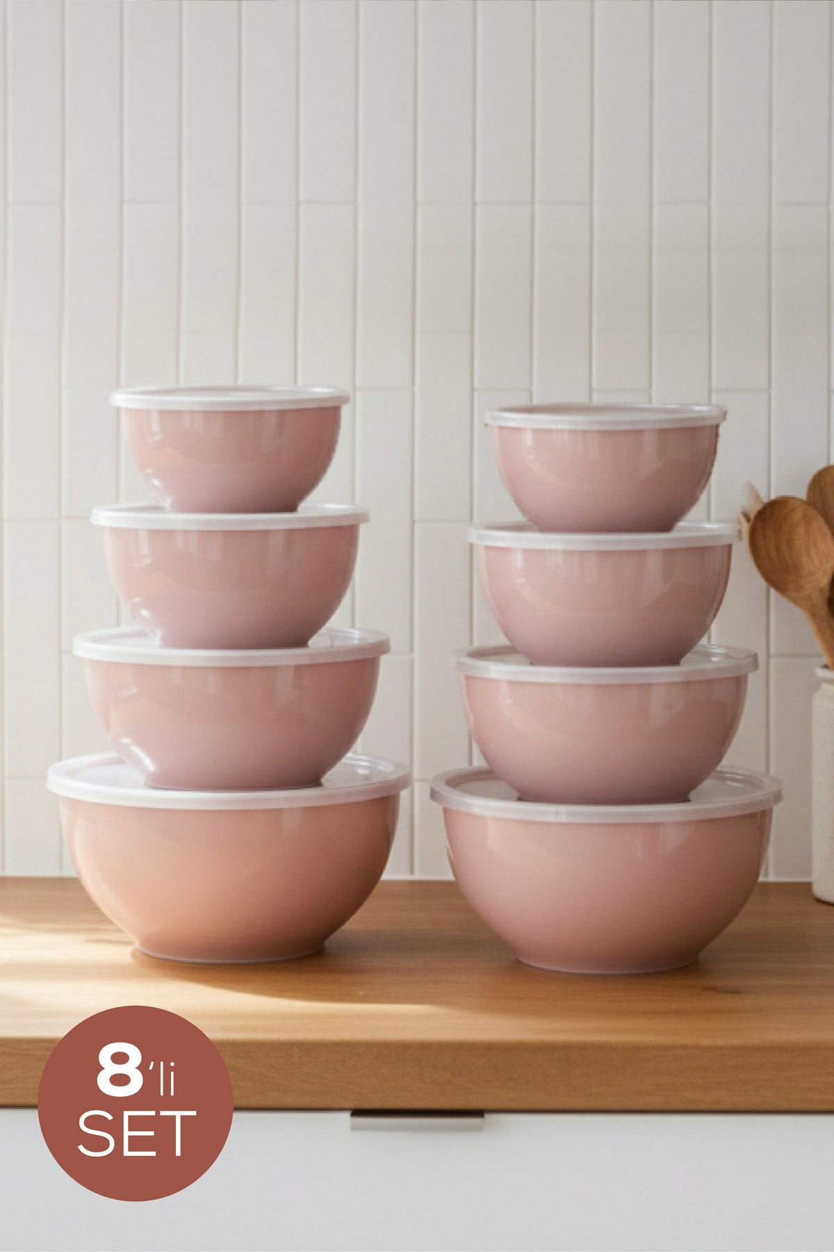 8'li Yuvarlak Kase Seti Pembe | 1l, 1.5l, 2.3l, 3.3l | Kapaklı Çok Amaçlı Mutfak Saklama Kabı