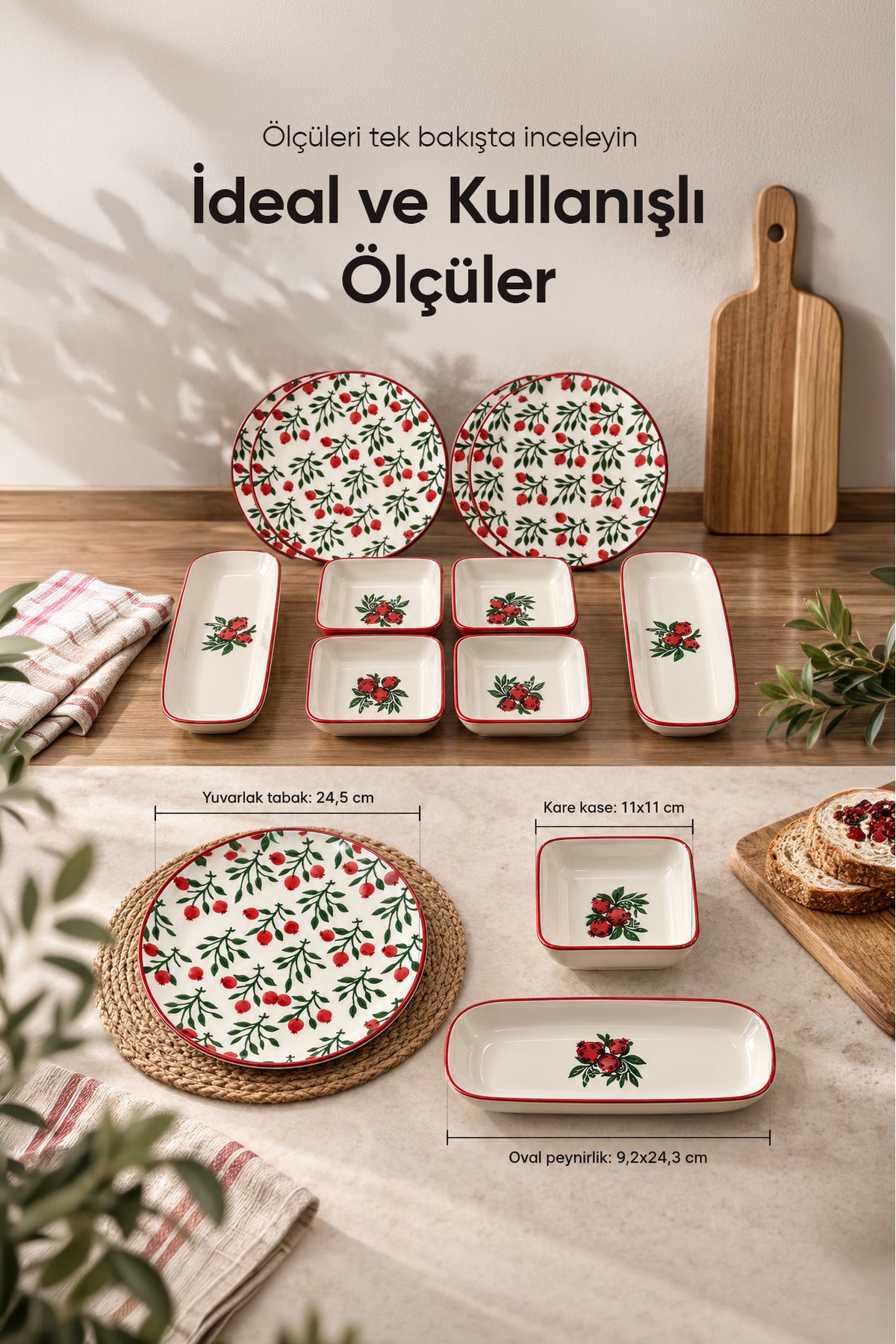10 Parça Nar Model Seramik Kahvaltı Takımı - Sofra Servis Seti 4x(Yuvarlak Tabak - Kare Kase) 2x(Oval Peynirlik)