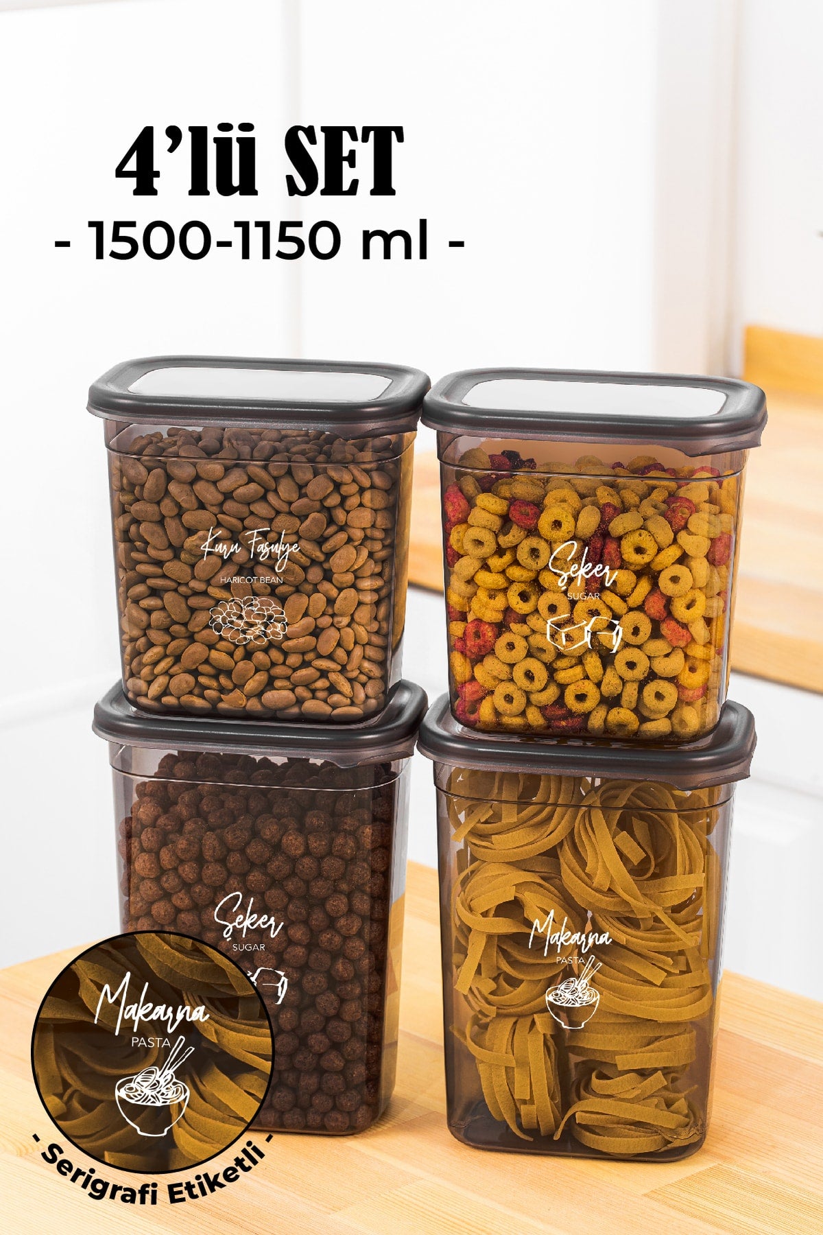 Renkli Etiketli 4lü Peggy Dikdörtgen Saklama Kabı Seti 2x(1500-1150 Ml) Antrasit