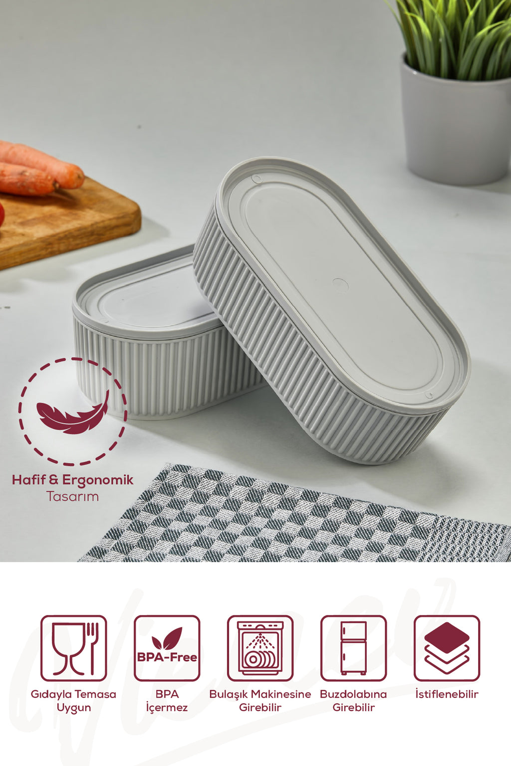3'lü Elastik Bantlı İstiflenebilir Pratik Saklama Kabı Seti 2x(1100 ml) 1x(2400 ml) Gri