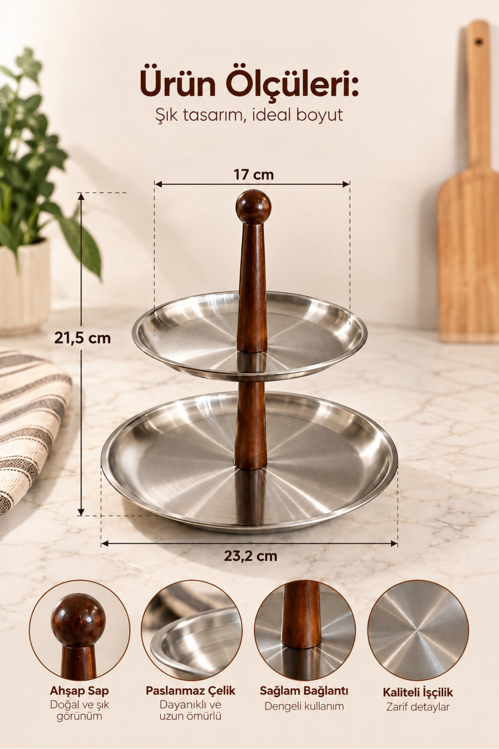 2 Katlı Ahşap Saplı Metal Sunumluk | Servis Standı Kurabiyelik Meyvelik Sunum Tabağı