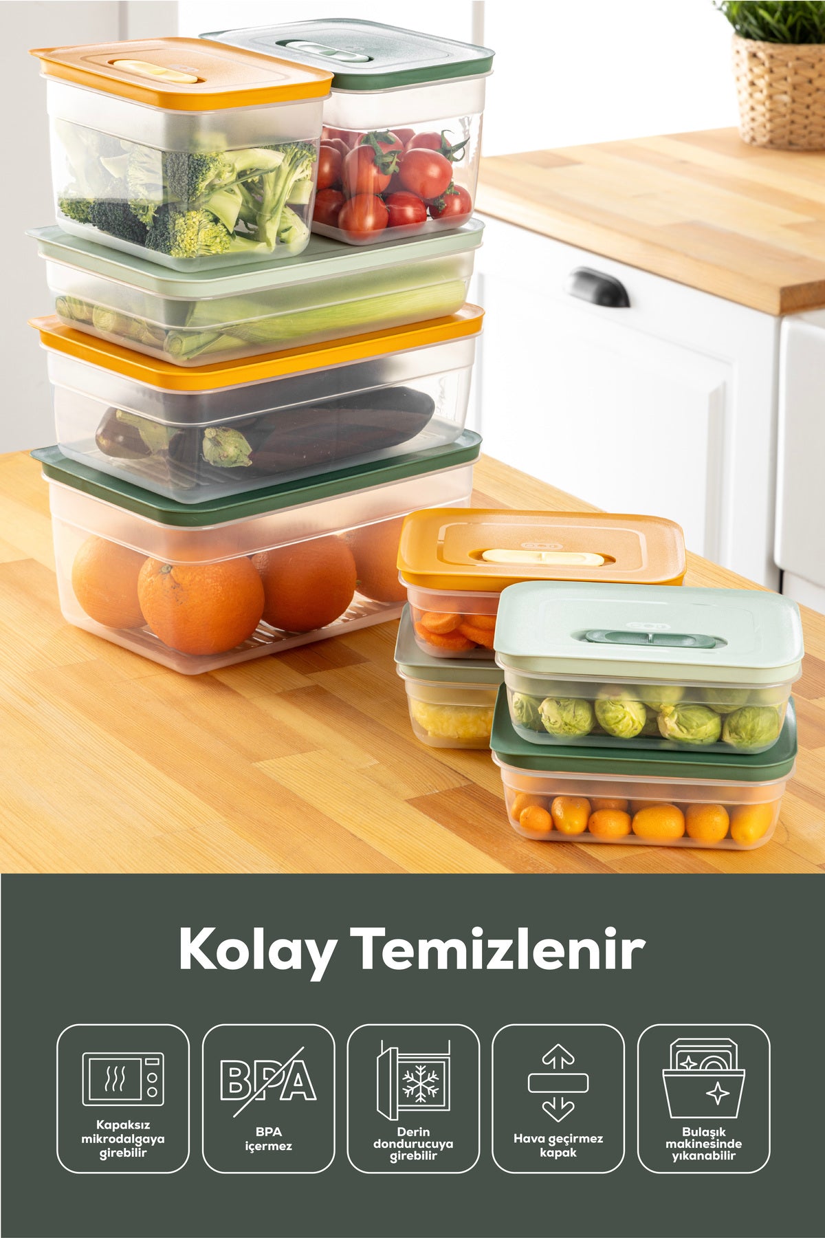 6'lı Hava Kanallı Ayarlanabilir Sebze ve Meyve Saklama Kabı 6x(2,35 lt) Yeşil