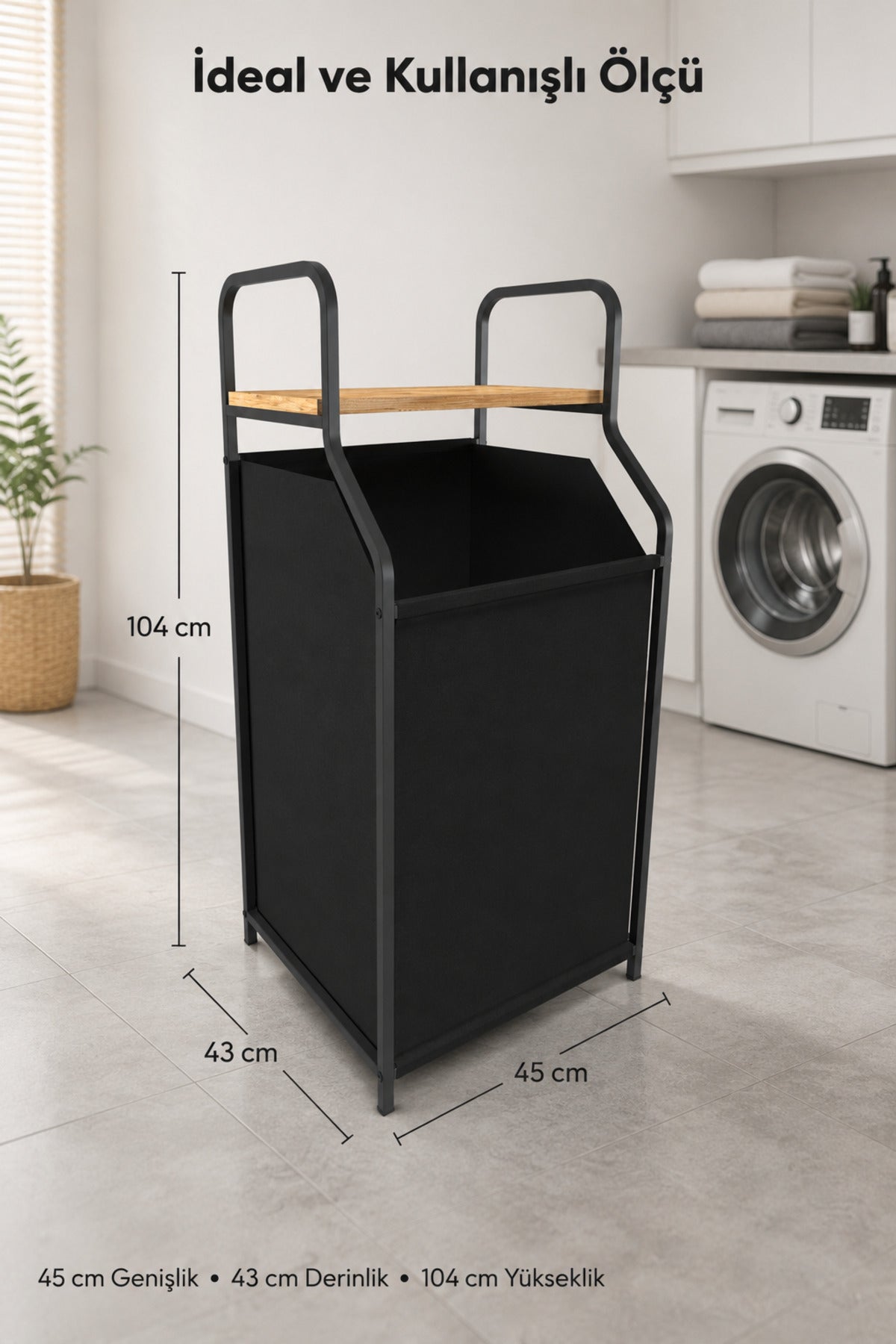 Metal Gövdeli Ahşap Raflı Banyo Düzenleyici - Kumaş Kirli Sepeti