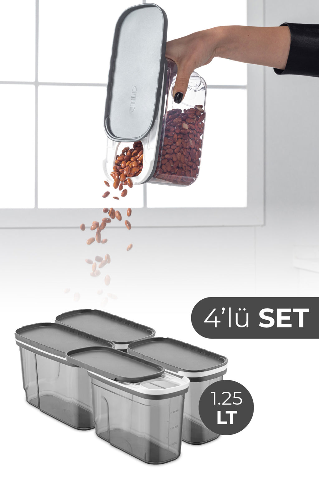Foly 4'lü Sürgülü Kapaklı Erzak Saklama Kabı 1.25 Litre