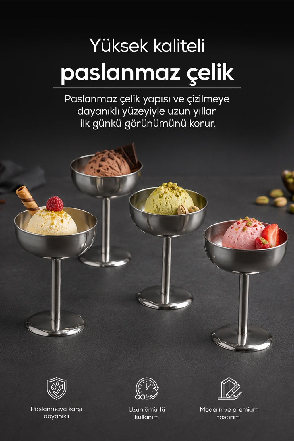 4 Adet Paslanmaz Çelik Geniş Uzun Dondurma Sunum Kasesi, Tatlı, Meyve, Atıştırmalık ve Servis Kase Seti
