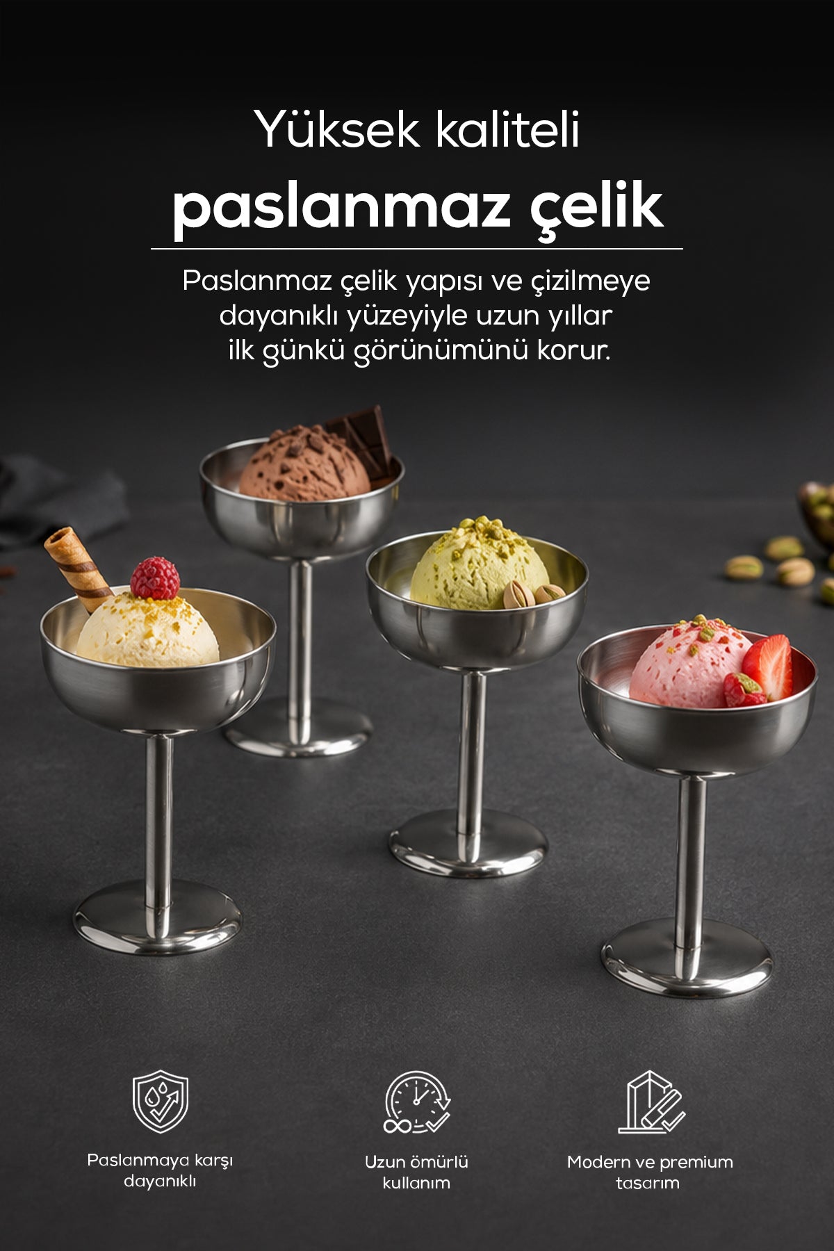 4 Adet Paslanmaz Çelik Geniş Uzun Dondurma Sunum Kasesi, Tatlı, Meyve, Atıştırmalık ve Servis Kase Seti