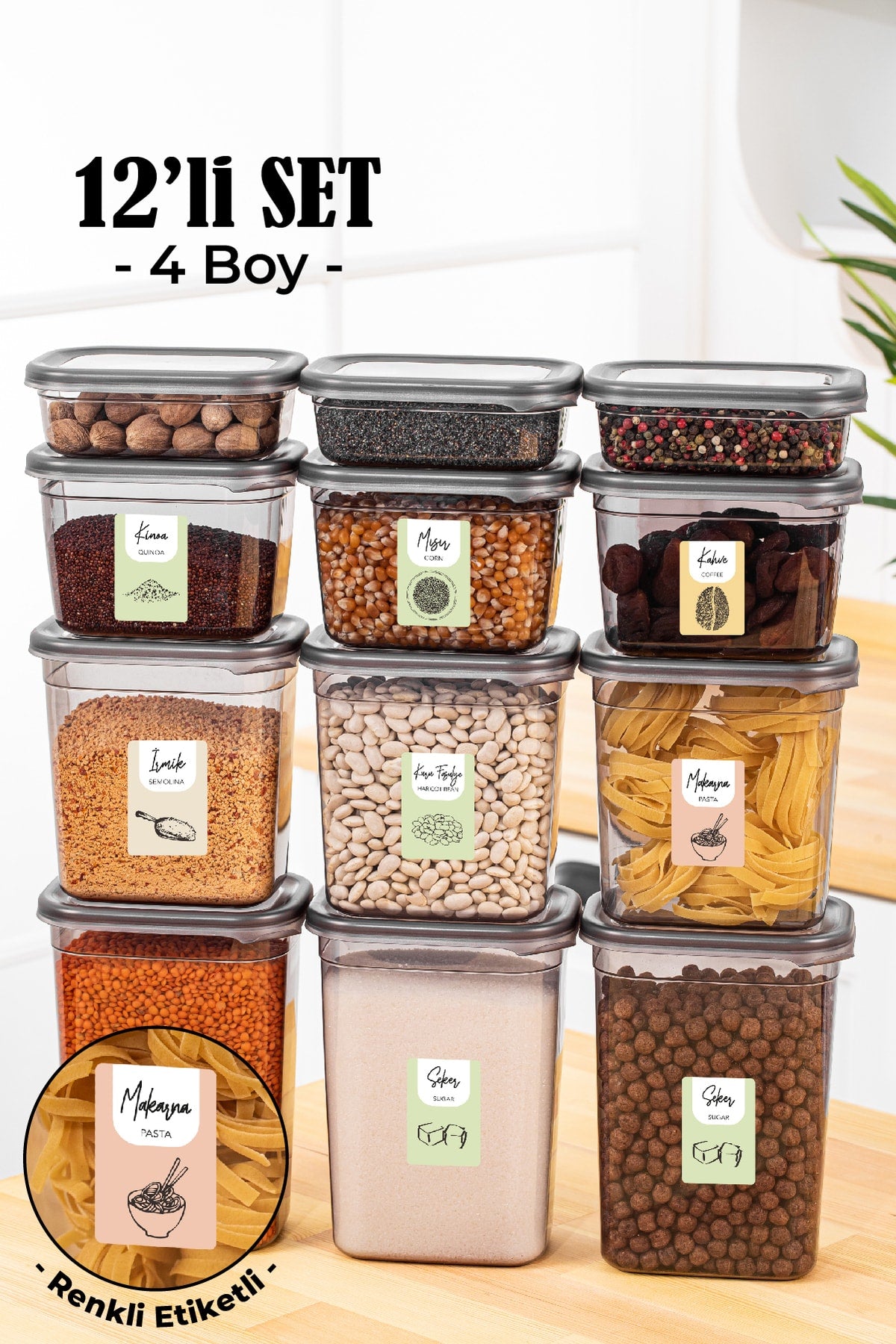 Renkli Etiketli 12li Peggy Dikdörtgen Saklama Kabı Seti 3x(1500-1150-800-400 Ml) Antrasit