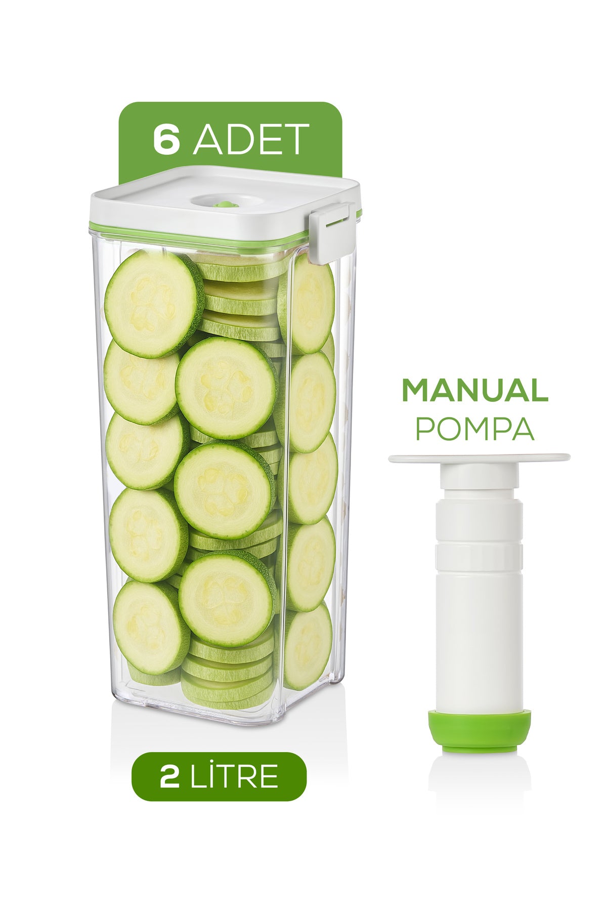 7'li Vakumlu Saklama Kabı Seti | 6x 2 Litre Kap + Manuel Pompa