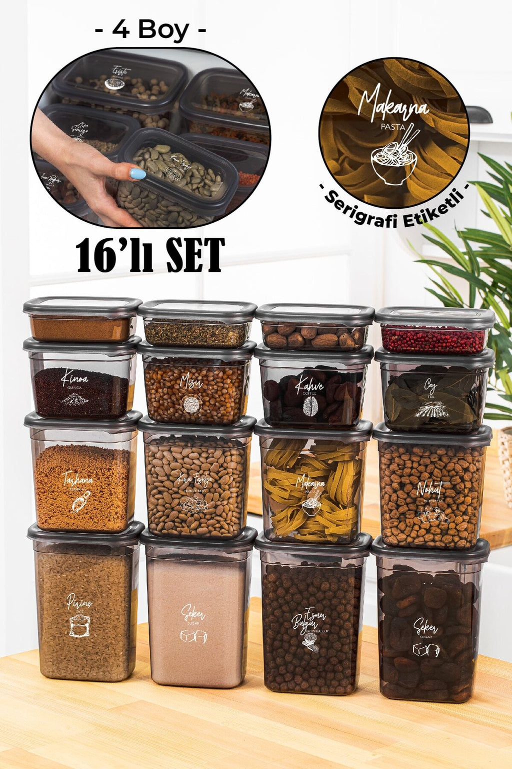 Beyaz Serigrafi Etiketli 16lı Peggy Dikdörtgen Saklama Kabı Seti 4x(1500-1150-800-400 Ml) Antrasit