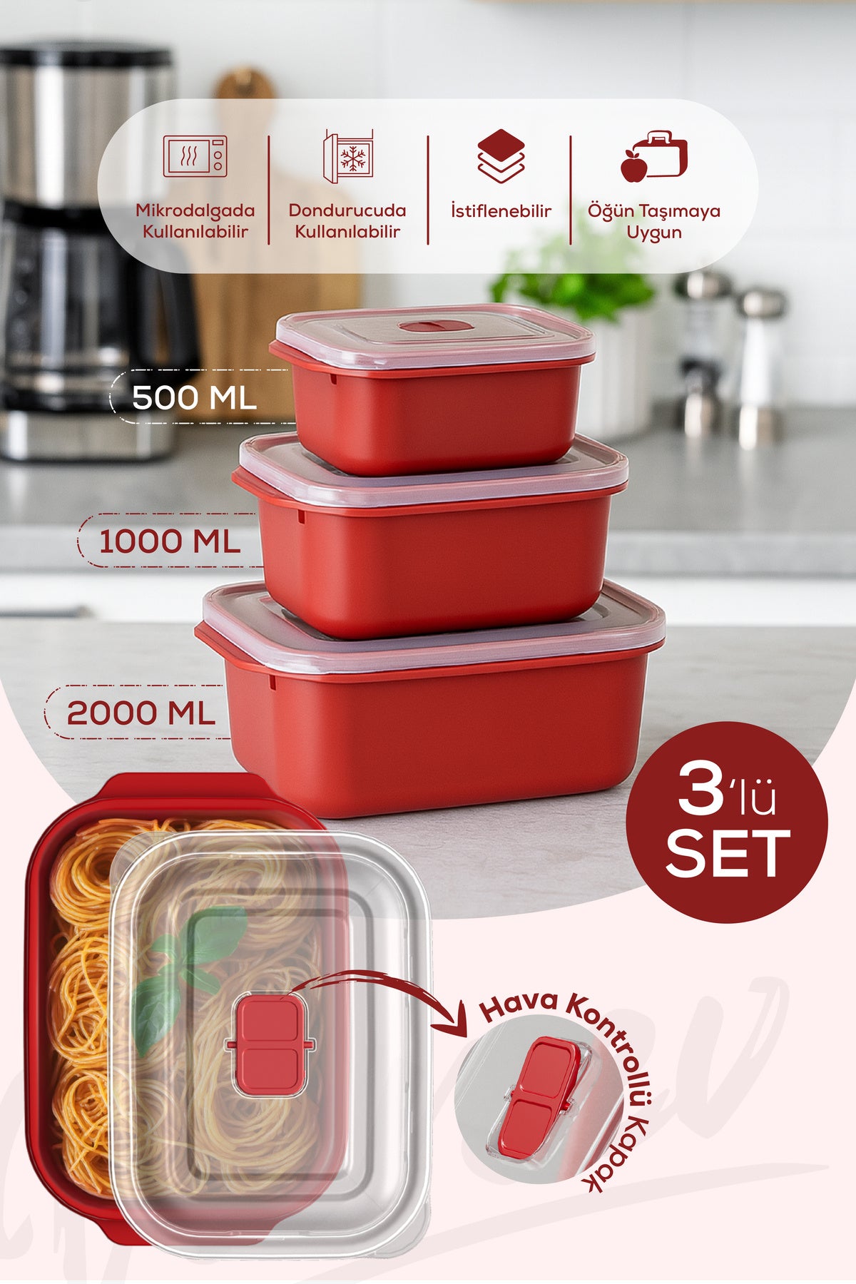Kapaklı 3’lü Mikrodalgaya Uygun Dikdörtgen Saklama Kabı Seti - 500/1000/2000 ml