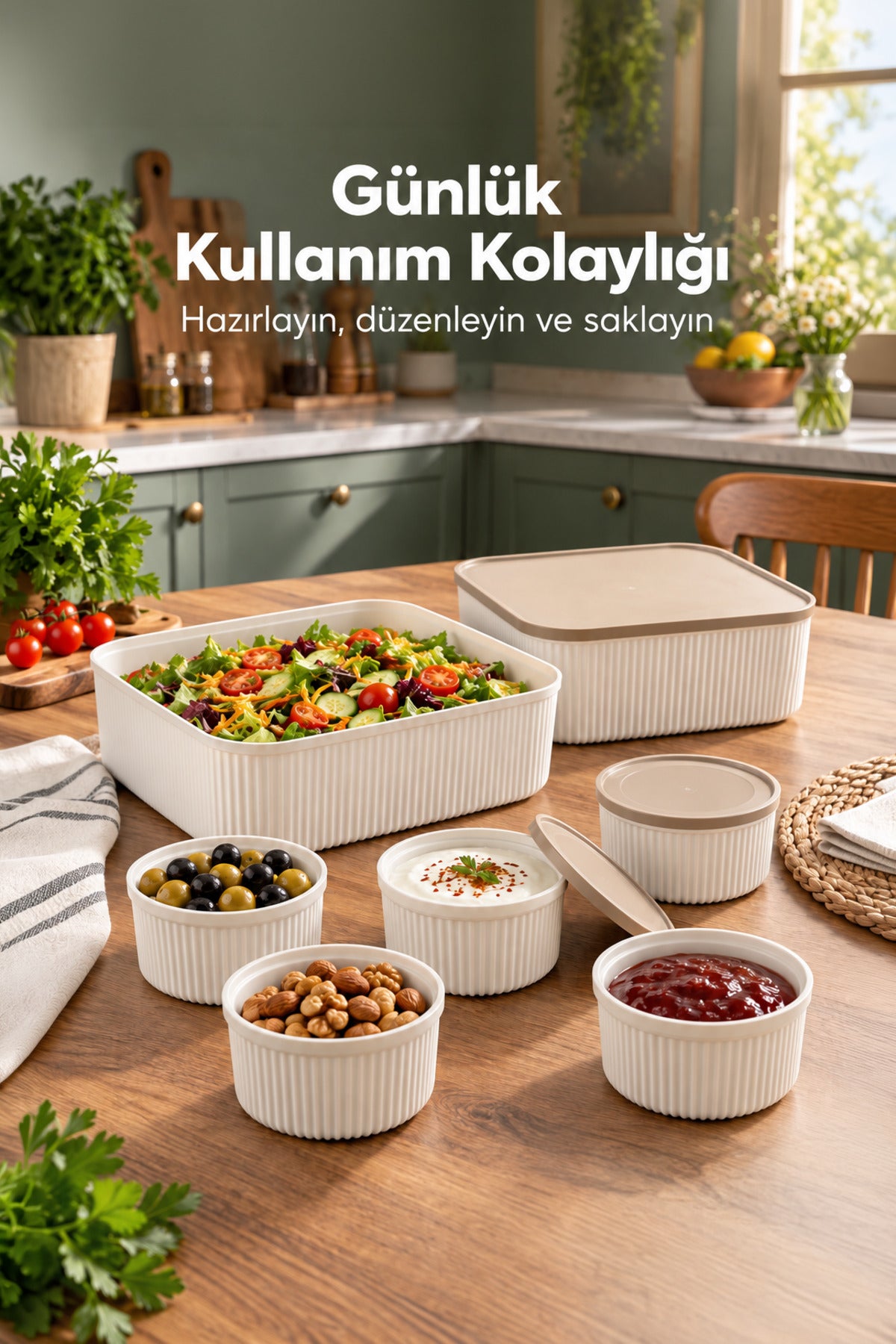 6'lı 2x2400 ml Kare 4x325 ml Yuvarlak Saklama Kabı Seti Mutfak ve Buzdolabı Düzenleyici