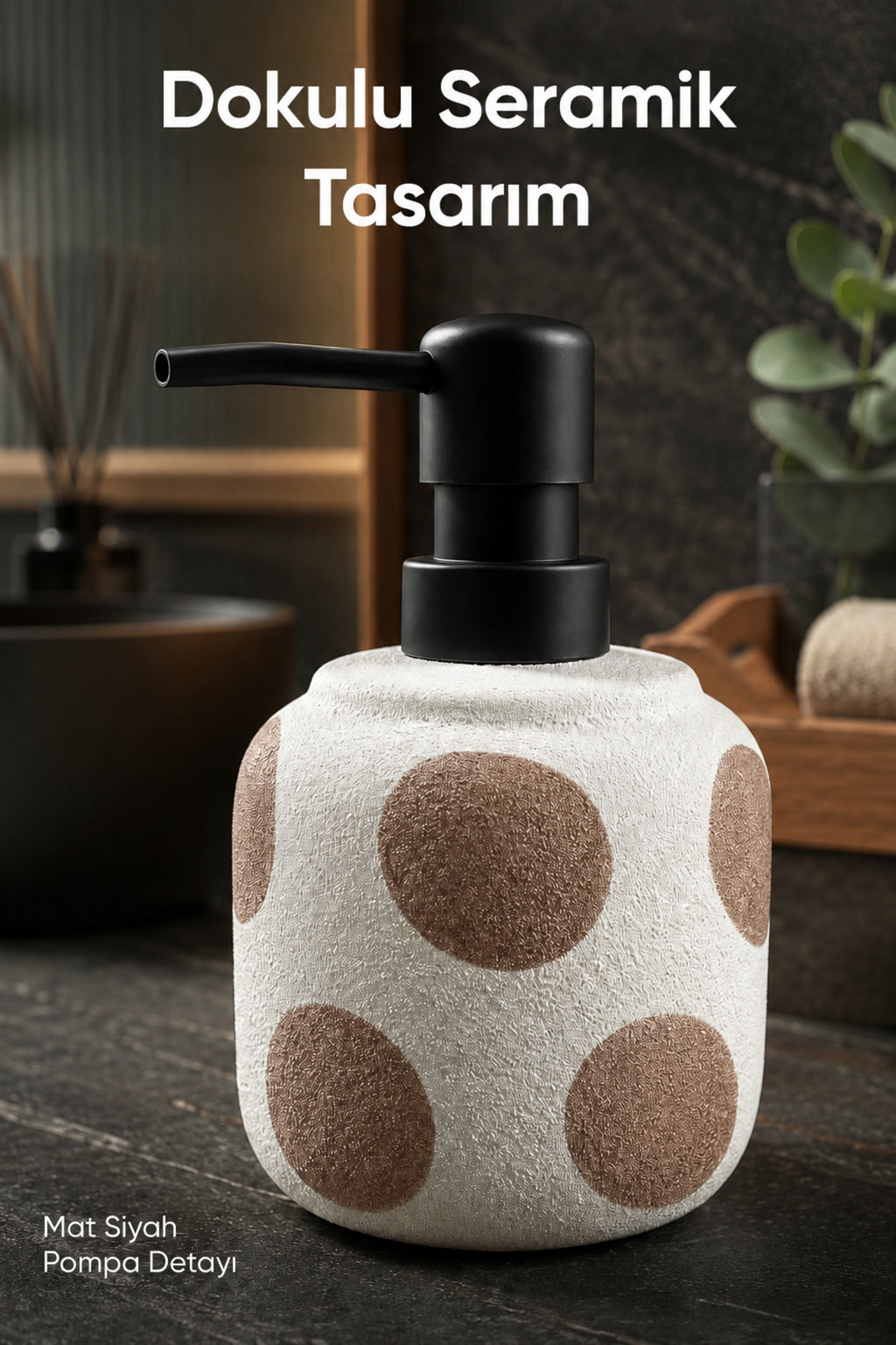 Kahverengi Puantiyeli Seramik Sıvı Sabunluk 380 ml Beyaz Lüks Banyo Mutfak Sıvı Sabunluk