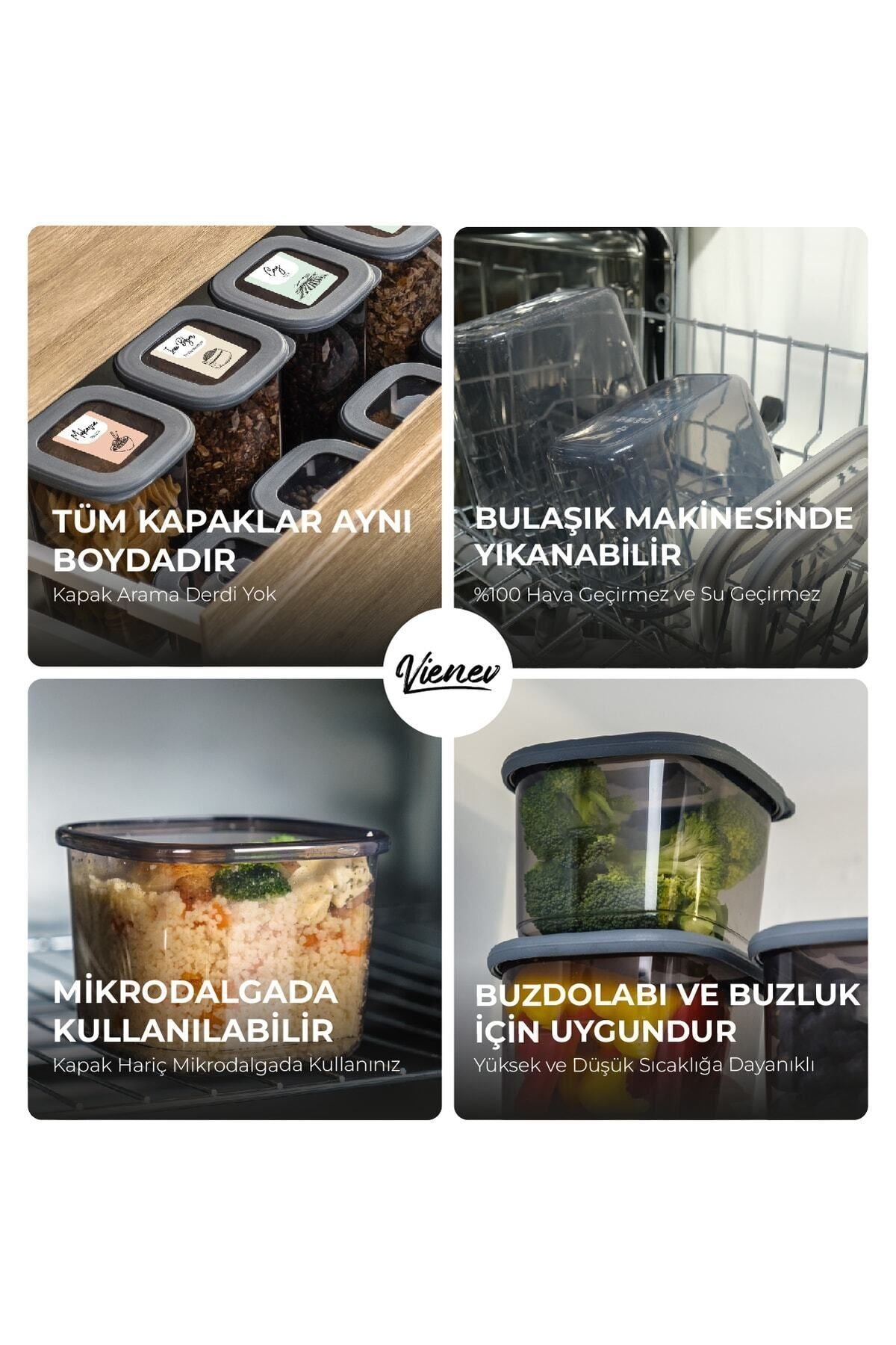 Renkli Etiketli 24lü Foly Kare Erzak Saklama Kabı 8x(0,55 Litre, 1,2 Litre, 1,75 Litre) Antrasit