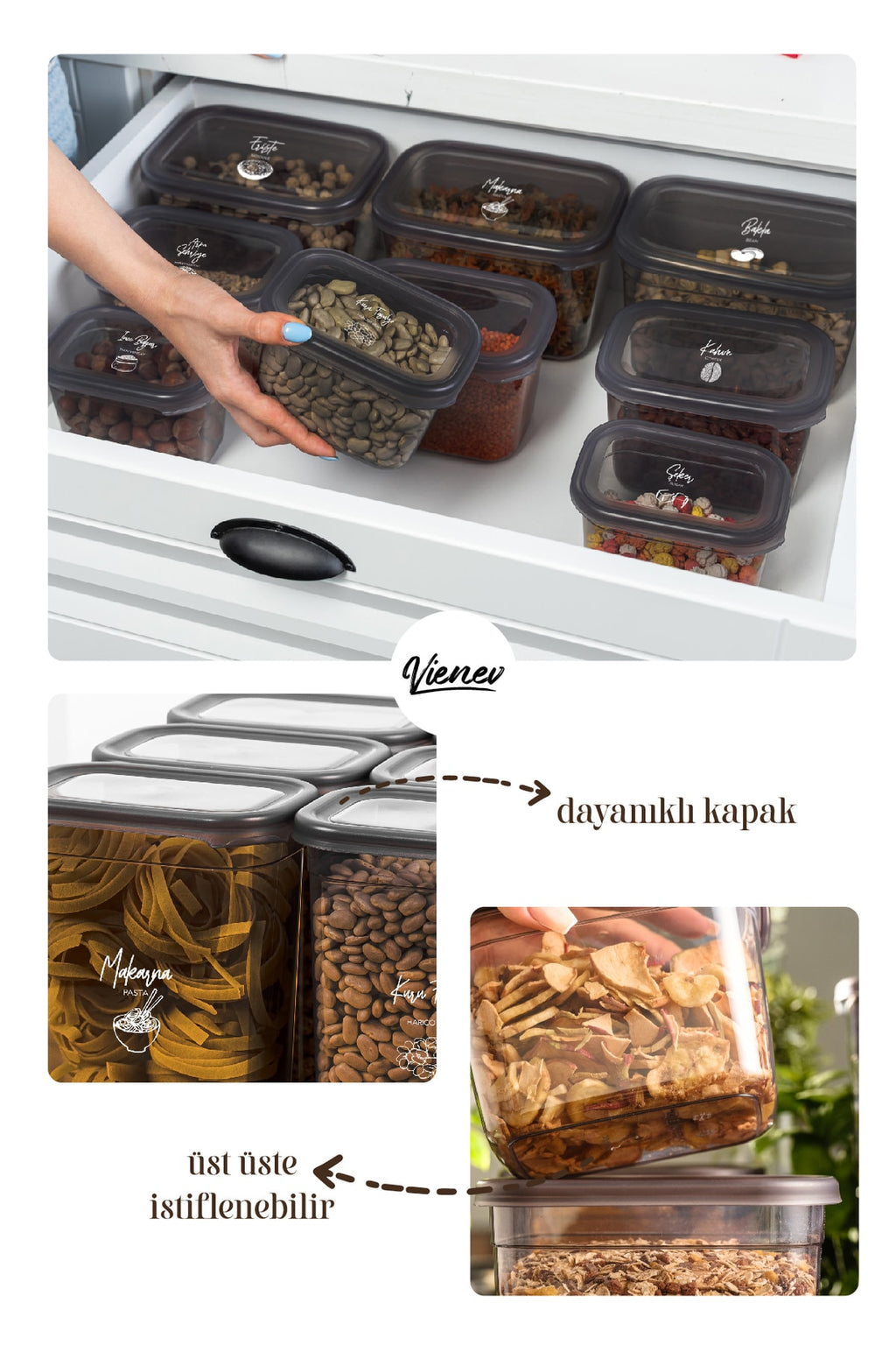 Beyaz Serigrafi Etiketli 24lü Set Peggy Dikdörtgen Saklama Kabı 8x(1,3 LİTRE, 2 LİTRE, 3,2 LİTRE)