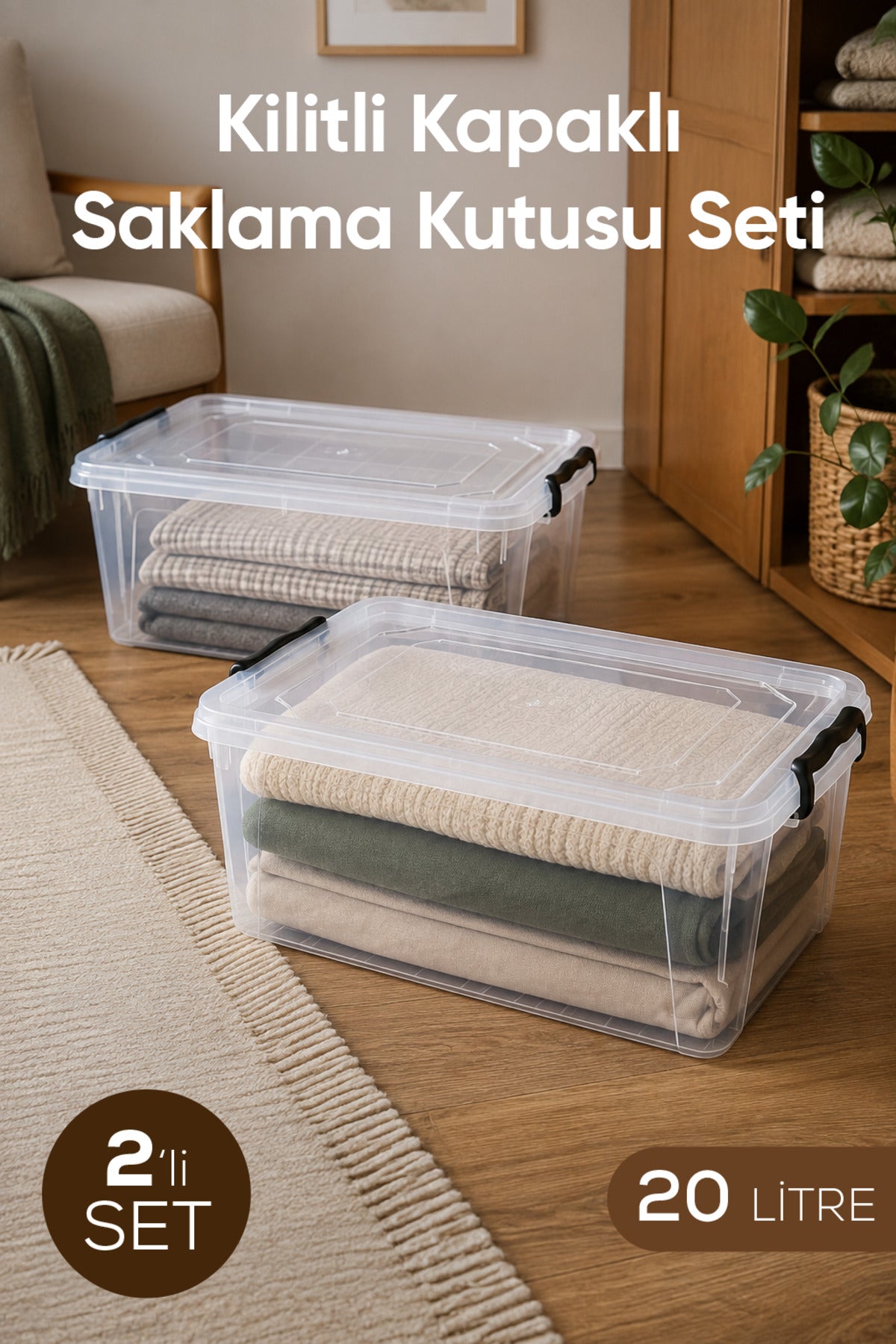 2'li Kilitli Kapak Saklama Kabı Seti 20 Lt Şeffaf Dikdörtgen Saklama Kutusu