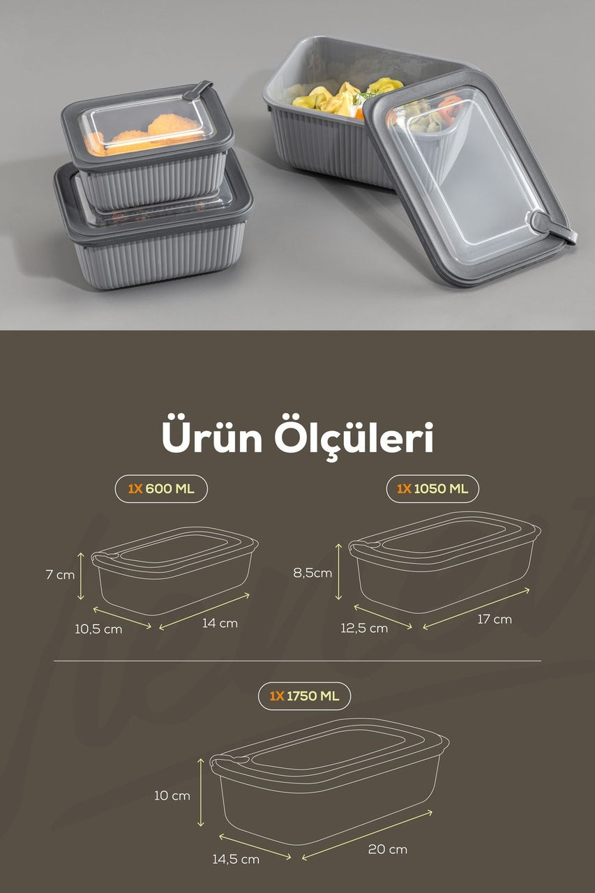 3'lü Vip Dikdörtgen Mikrodalga Ve Difrize Uygun Saklama Kabı Seti Gri 1x(1750,1050,600 ML)