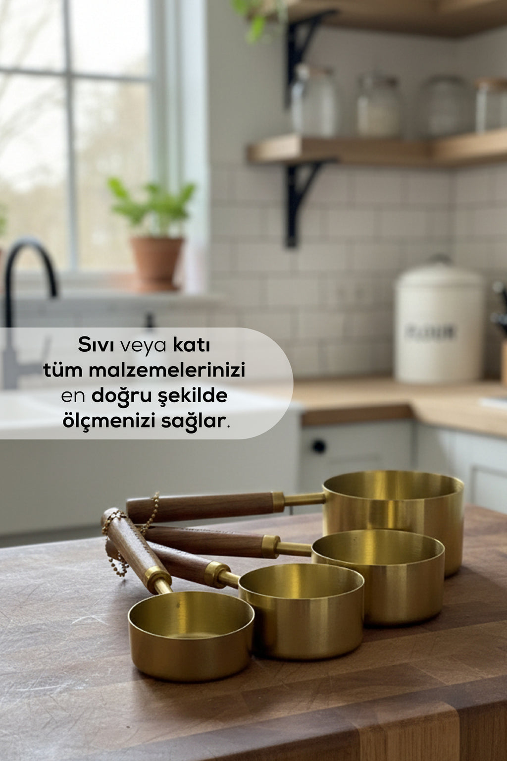 Ahşap Saplı 4 Parça Ölçü Kabı Seti | Dekoratif ve Fonksiyonel Metal Ölçü Kabı Takımı