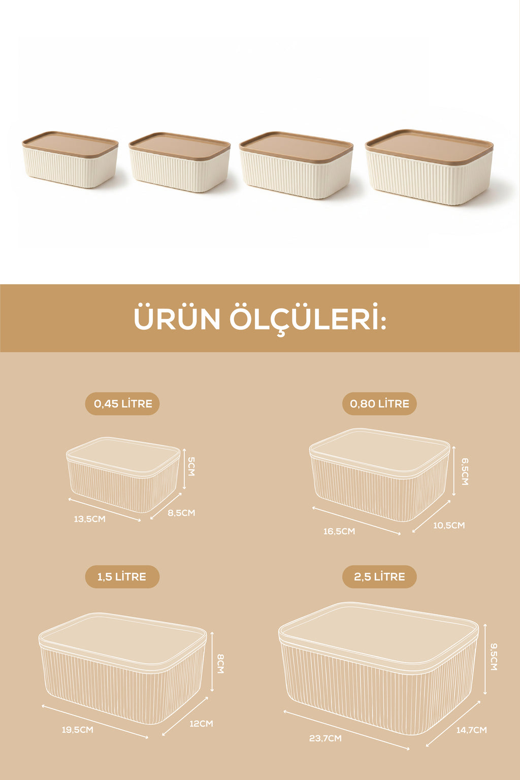 12'li Çizgili Dikdörtgen Saklama Seti Bej | 2.5L 1.5L 0.80L 0.45L | Mikrodalga ve Dondurucu Uyumlu
