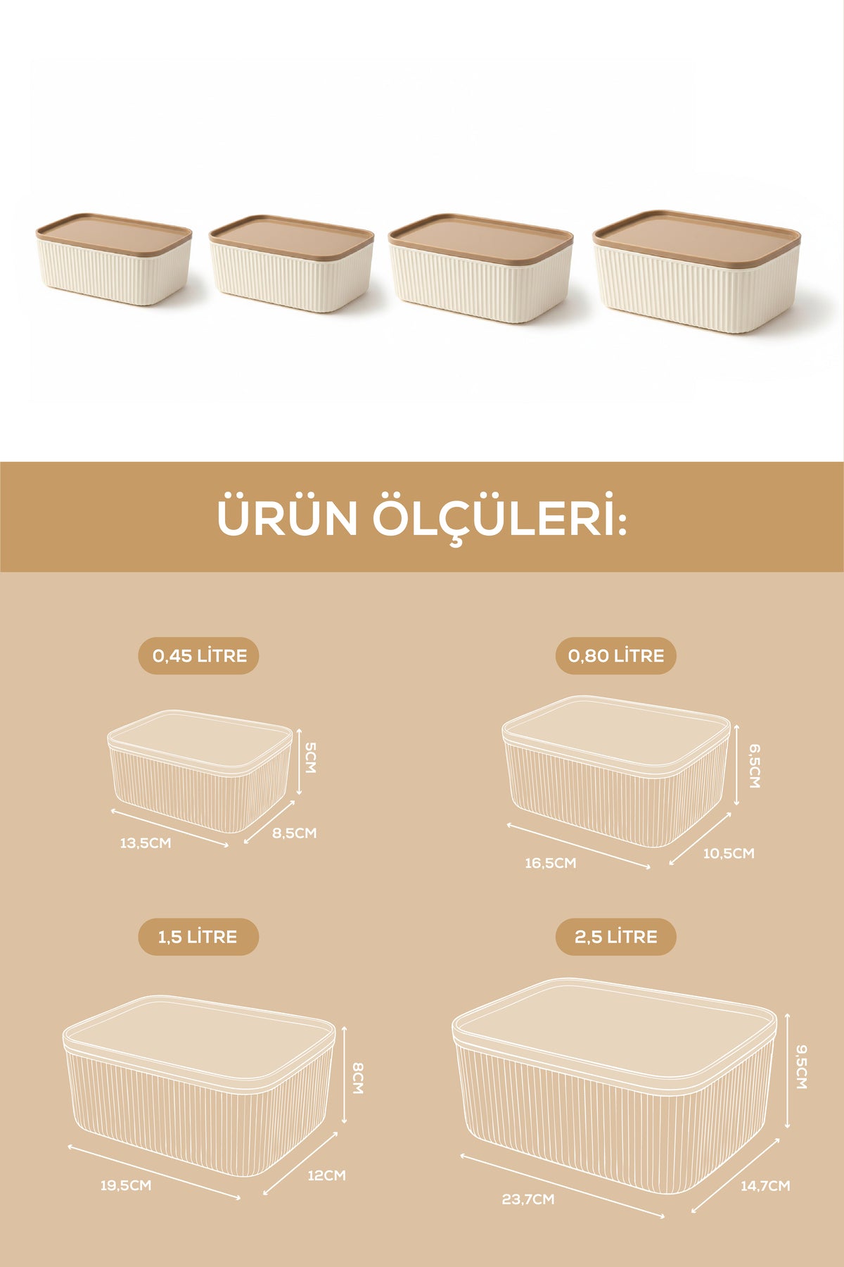 4'lü Çizgili Dikdörtgen Saklama Seti Bej | 2.5L 1.5L 0.80L 0.45L | Mikrodalga ve Dondurucu Uyumlu