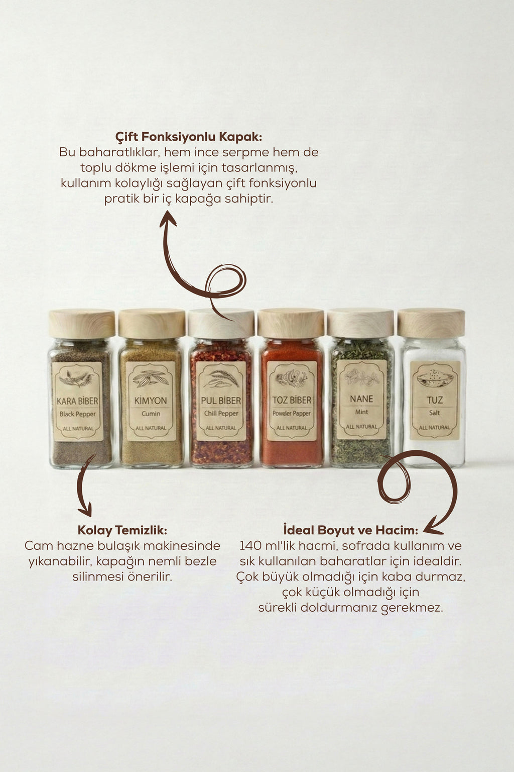 6'lı Ahşap Görünümlü Kare Cam Baharatlık Seti Etiketli - Baharatlık Takımı