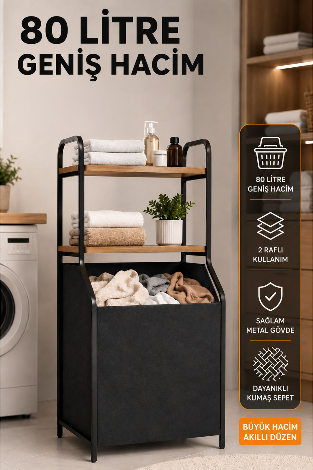 Metal Gövdeli Ahşap Raflı Banyo Düzenleyici - 80 L Geniş Kumaş Kirli Sepeti