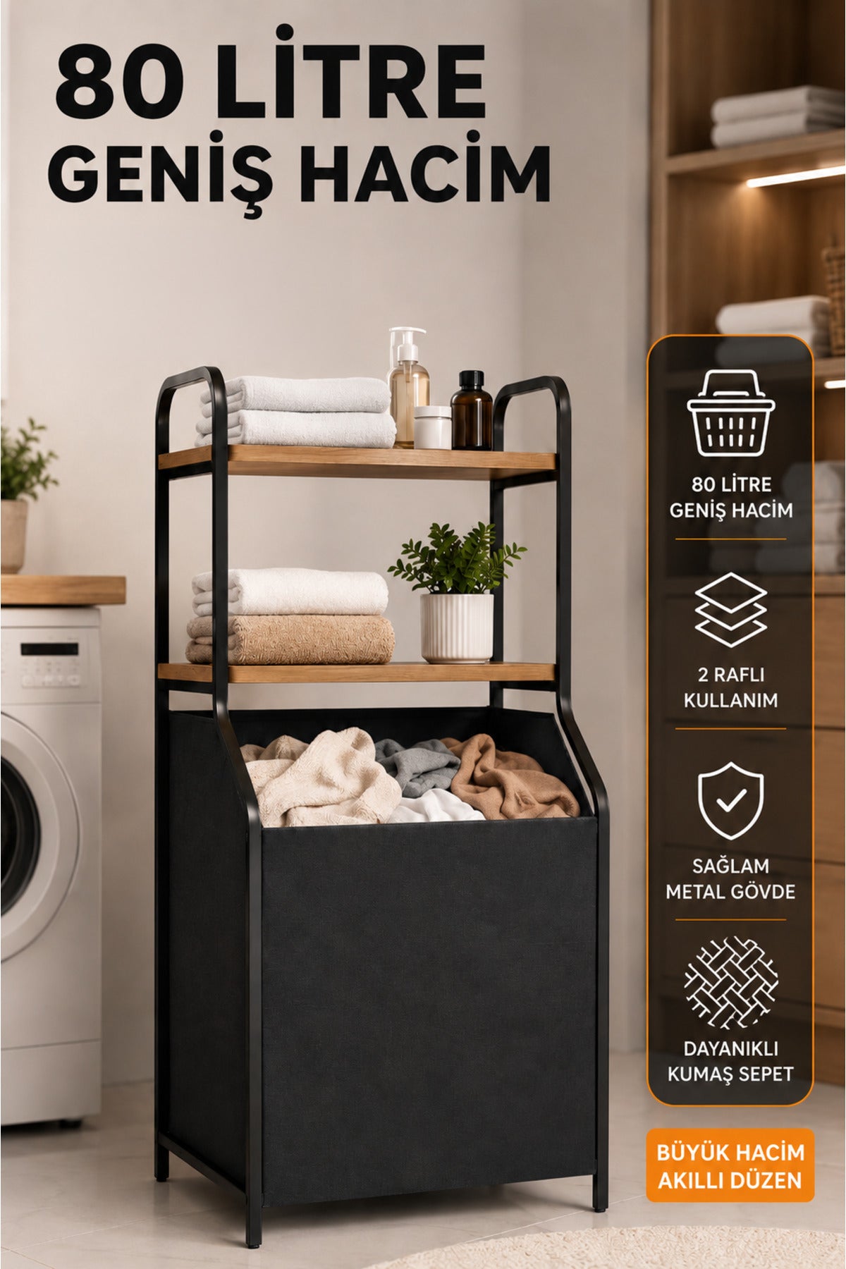 Metal Gövdeli Ahşap Raflı Banyo Düzenleyici - 80 L Geniş Kumaş Kirli Sepeti
