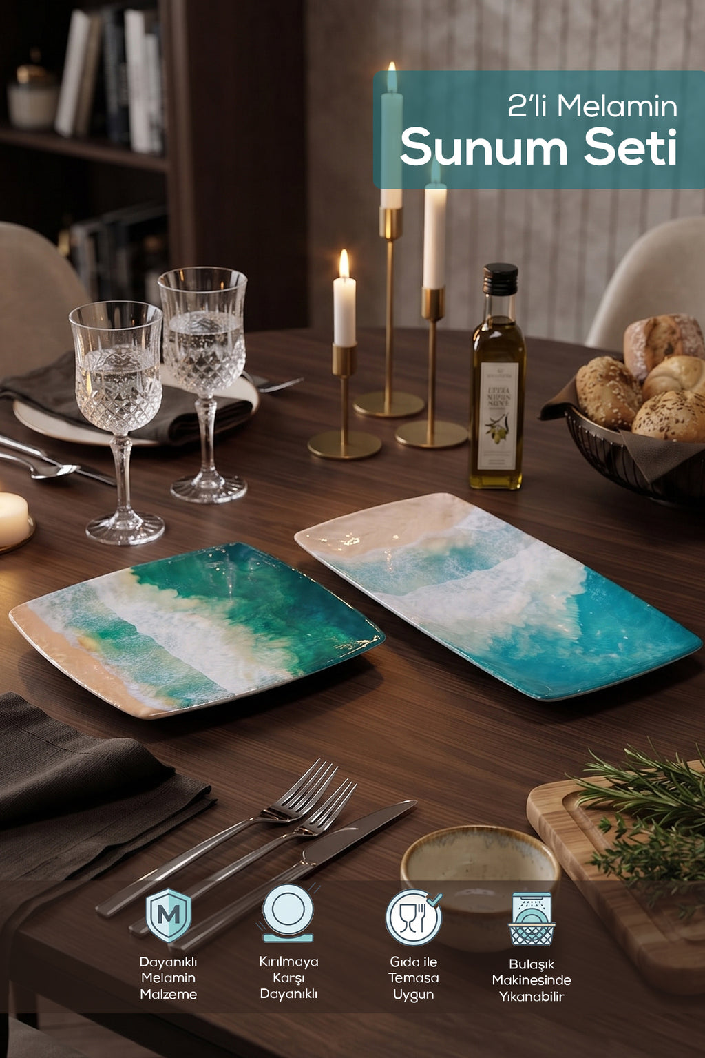 2 'li Melamin Sunum Tabağı Seti, Sunum Tabağı,Servis Tabağı-Desenli Kırılmaz Servis Tabağı- Yeşil