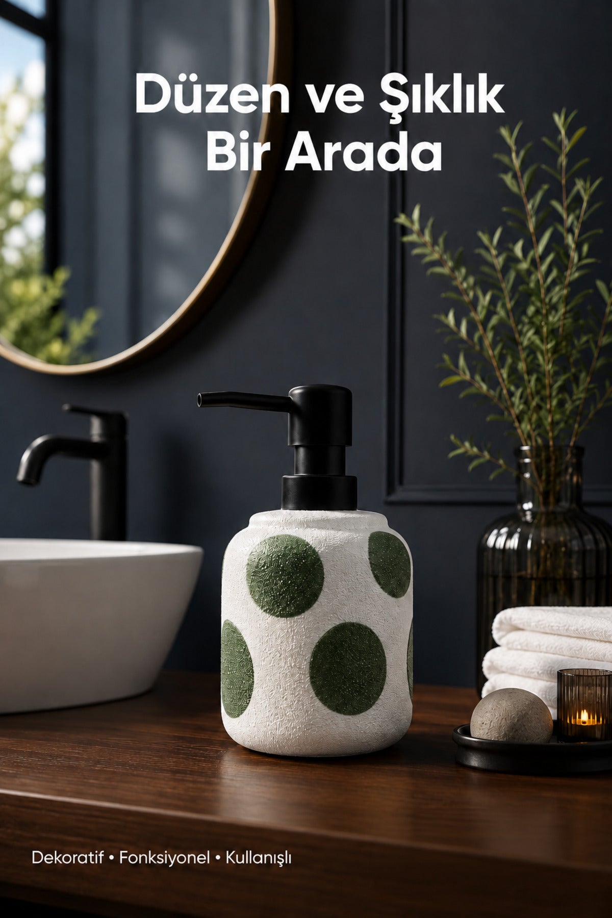 Yeşil Puantiyeli Seramik Sıvı Sabunluk 380 ml Beyaz Lüks Banyo Mutfak Sıvı Sabunluk