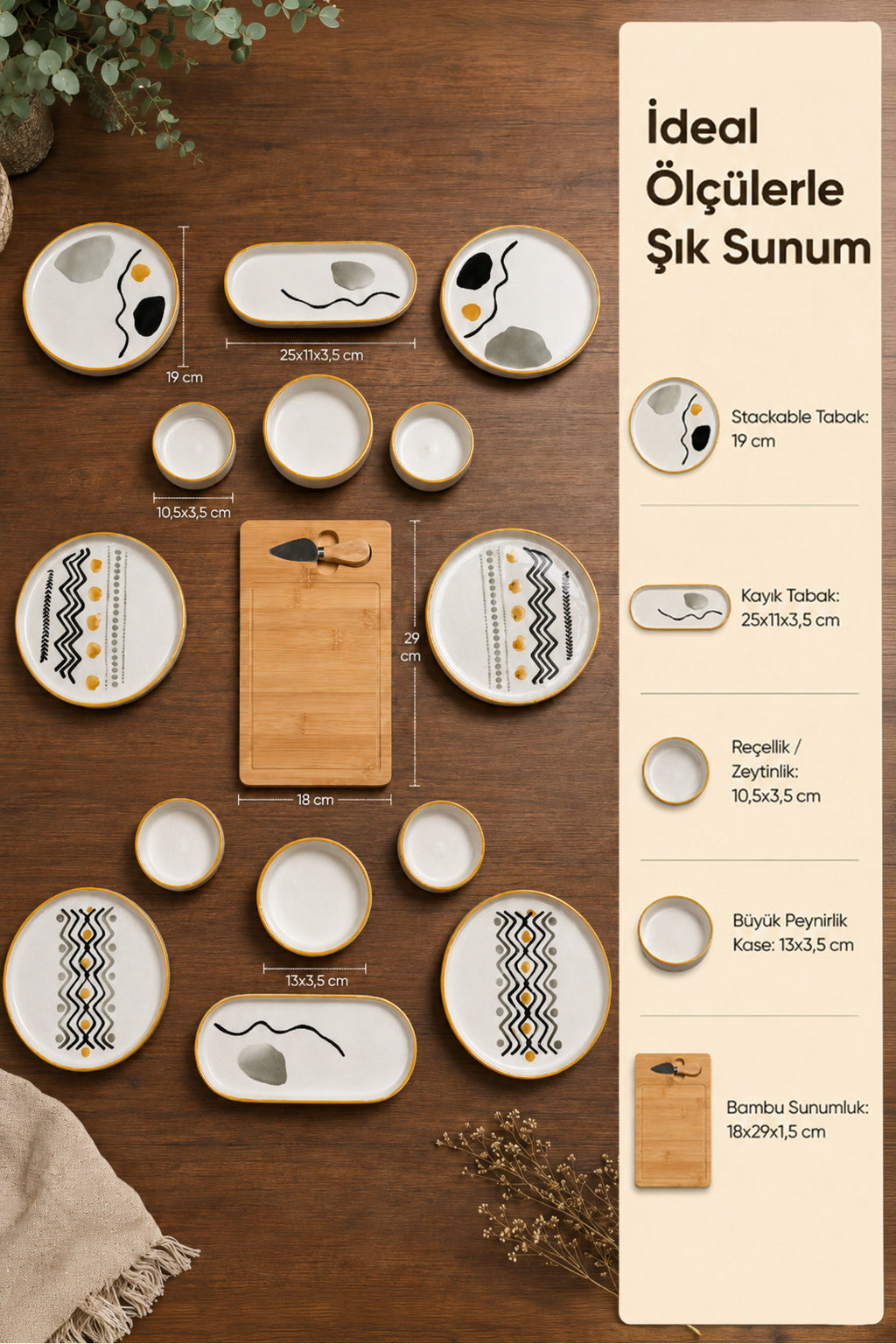 15 Parça Bambu Sunumluklu Axial Kahvaltı Takımı Seti