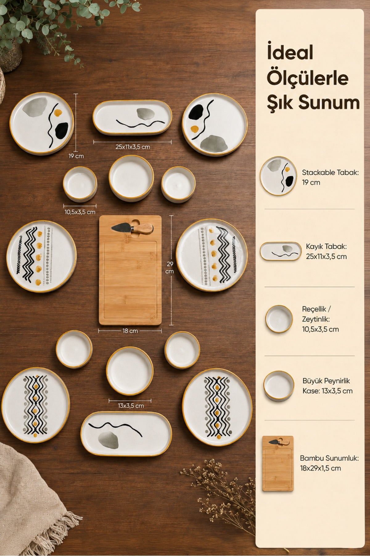 15 Parça Bambu Sunumluklu Axial Kahvaltı Takımı Seti