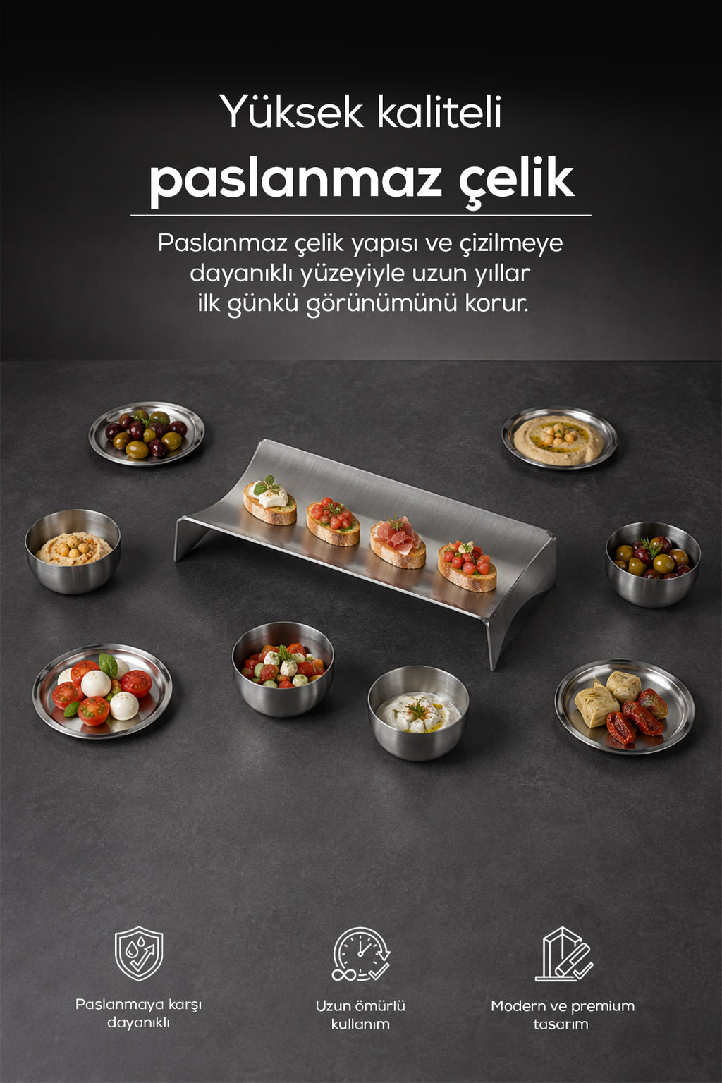 9 Parça Paslanmaz Çelik Kahvaltılık ve Sunum Seti, Servis Tabağı, Kase ve Çerezlik