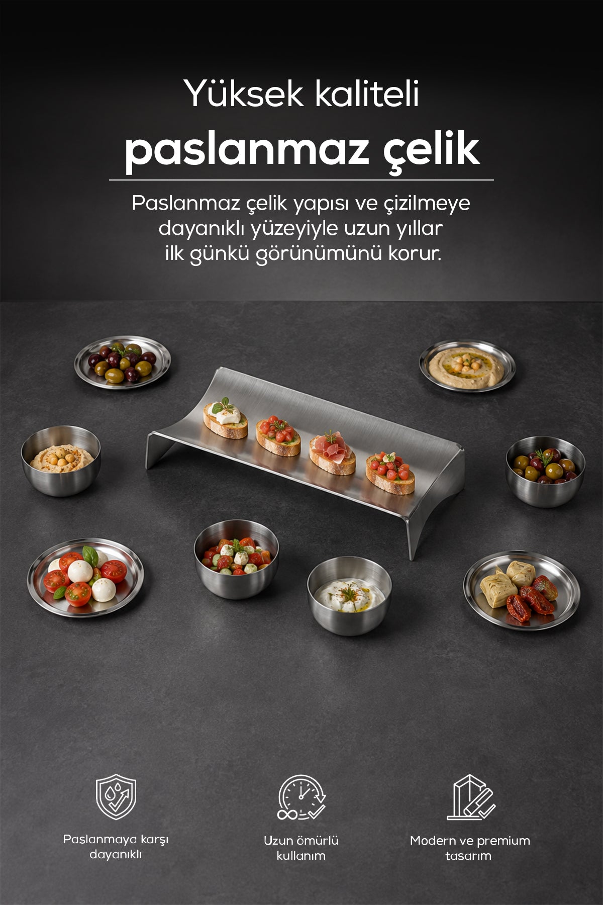 9 Parça Paslanmaz Çelik Kahvaltılık ve Sunum Seti, Servis Tabağı, Kase ve Çerezlik