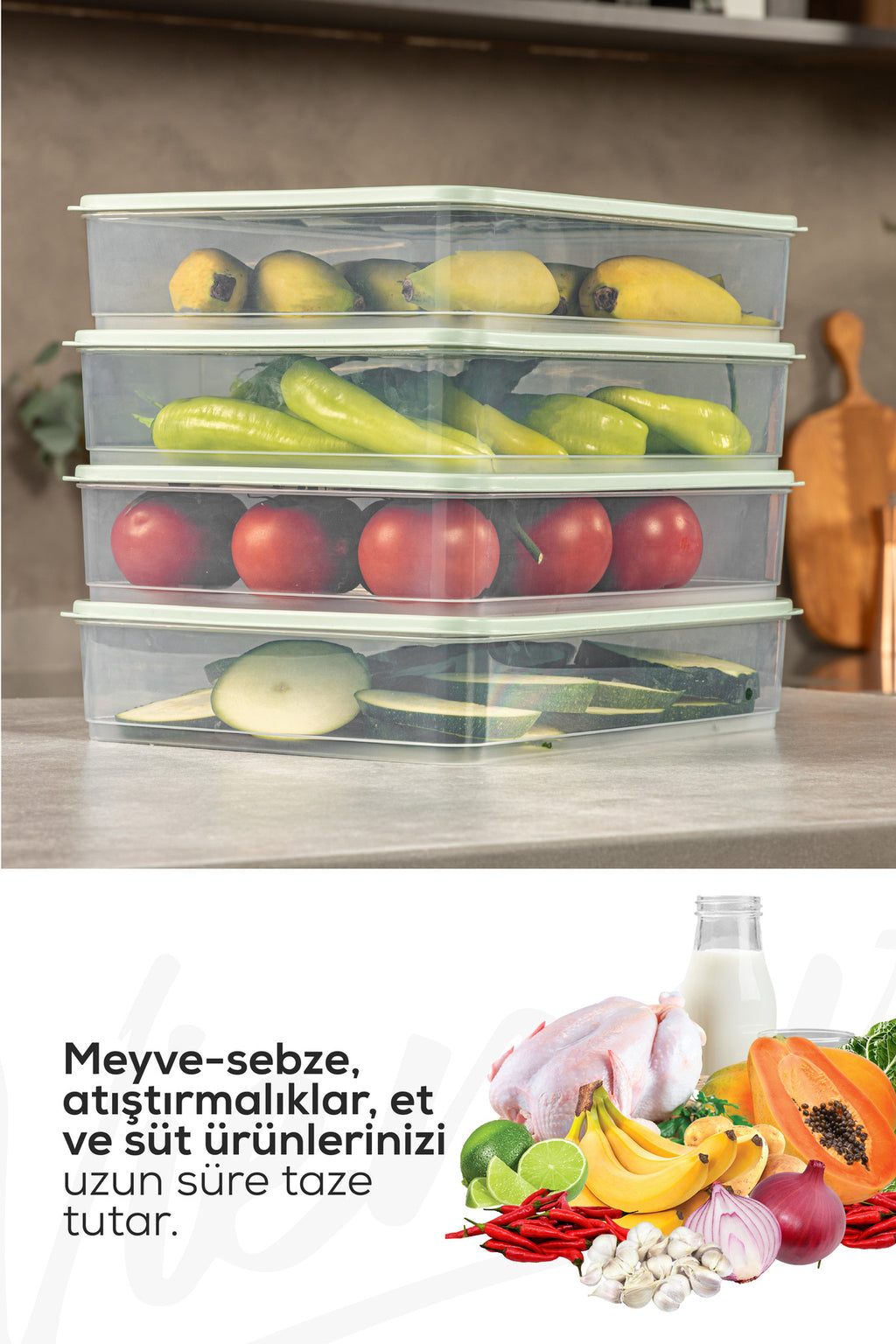 6'lı 3,5 Litre Buzdolabı Dondurucu Organizer Mikrodalga Ve Difrize Uygun Saklama Kabı Mint