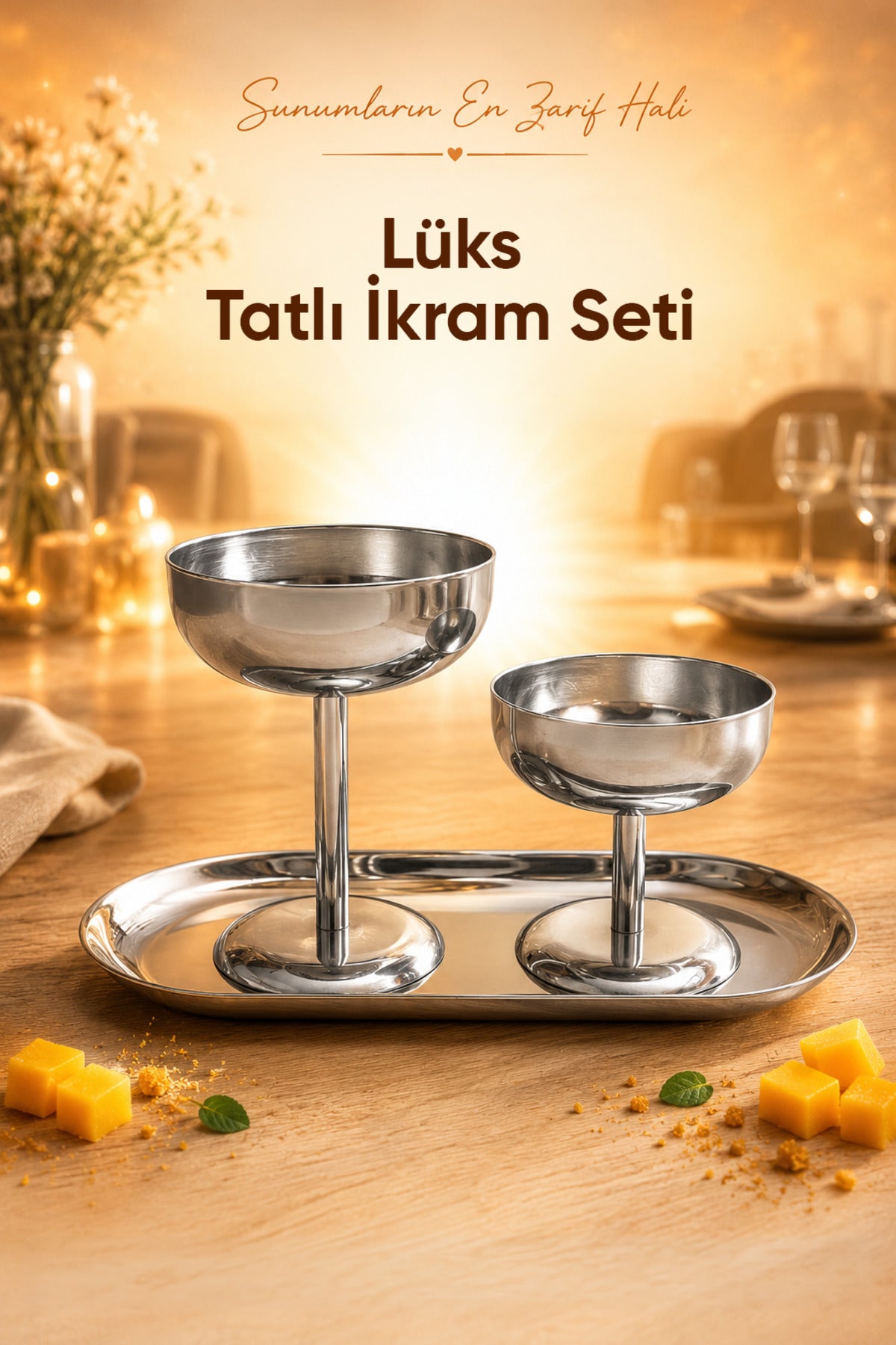 3'lü Set Gümüş Renk Metal Dondurmalık Seti (2x Geniş Kısa ve Geniş Uzun Kase 1x Kayık Tabak) - Şık Sunum ve Tatlı Kase